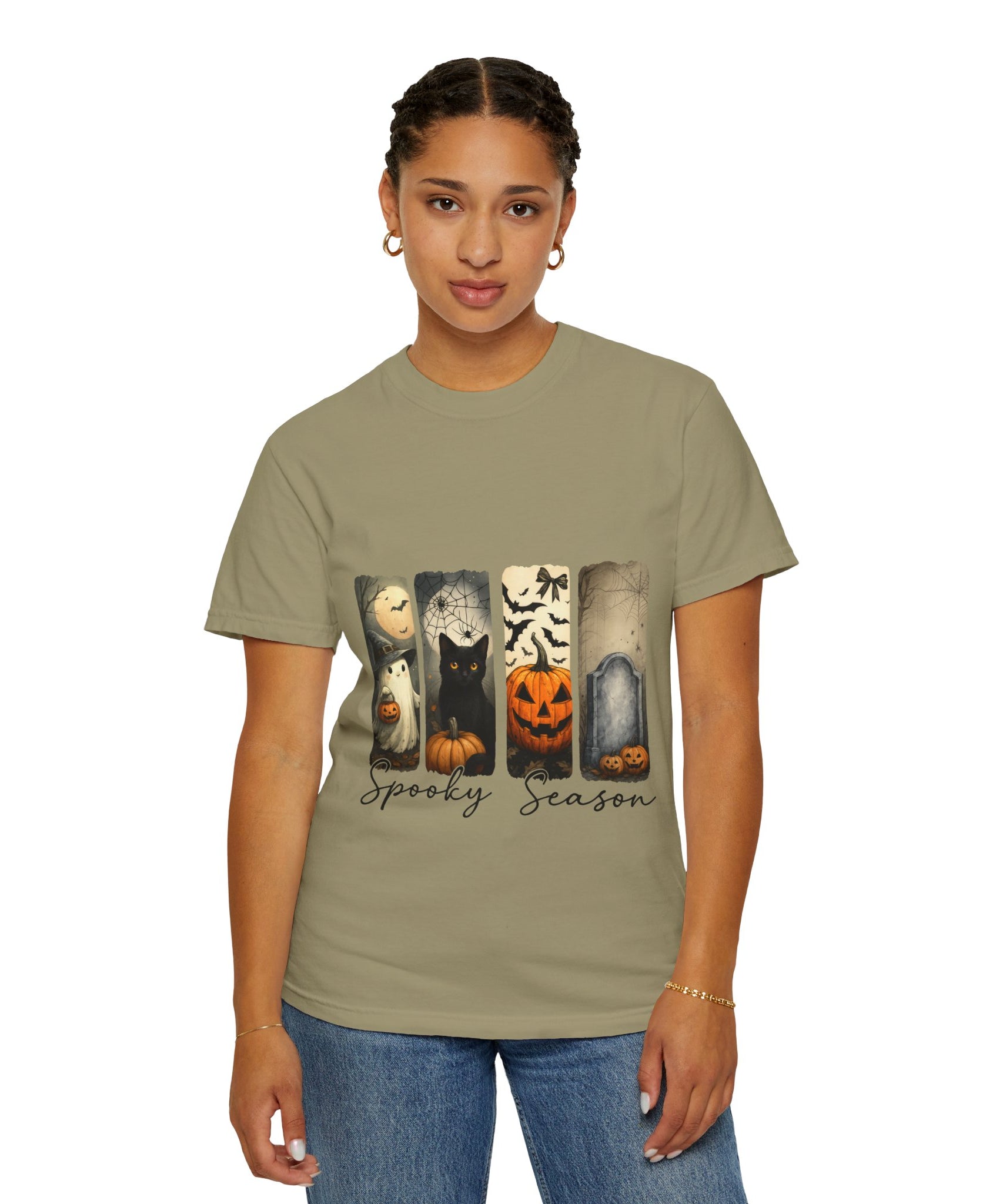 Halloween Night Unisex T-Shirt – Ghost, Black Cat, Pumpkin & Tombstone Vintage Art - Gallory Hive