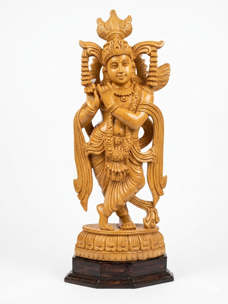 Handmade Standing Krishna Wooden Sculpture | Gallory Hive