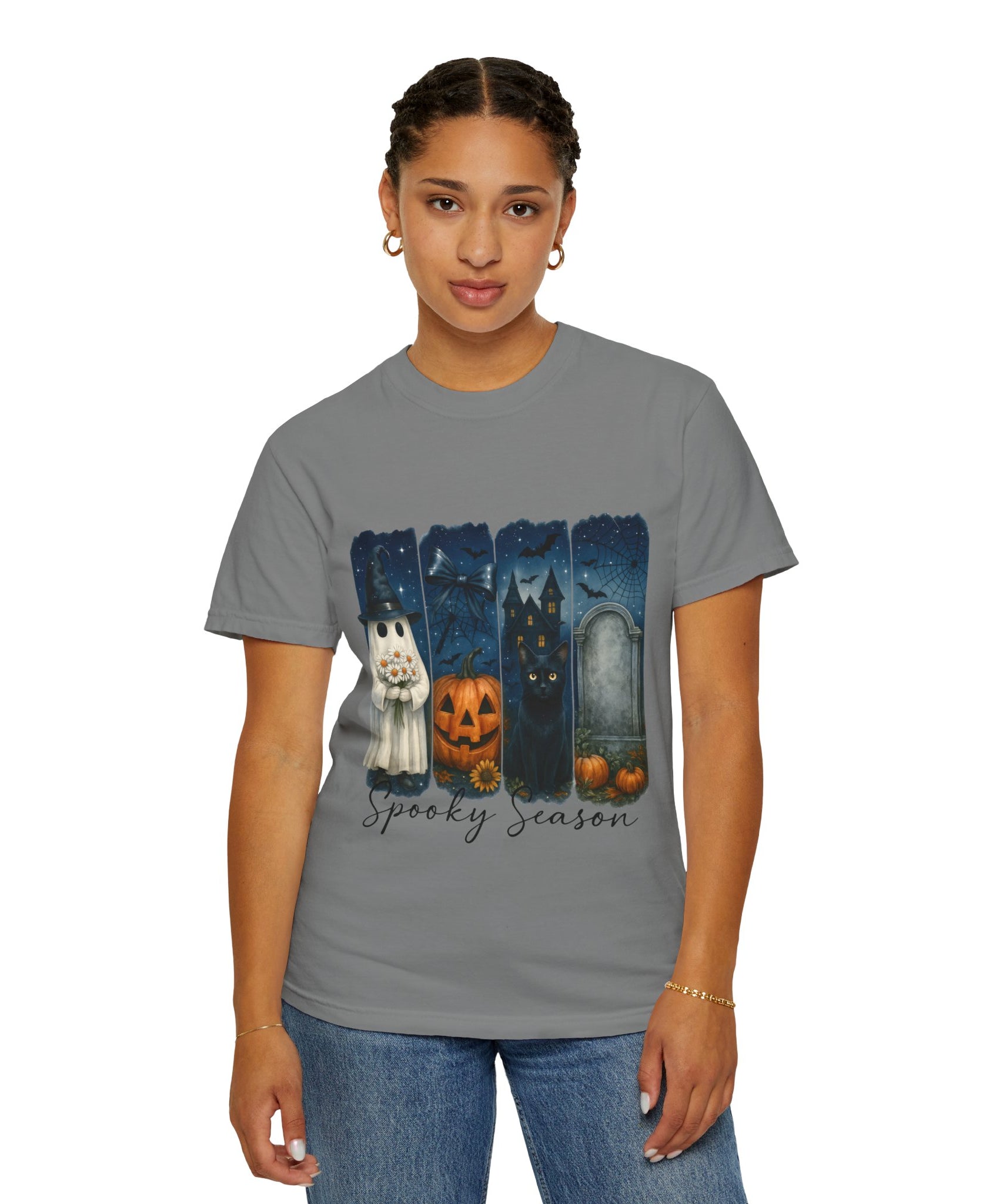 Spooky Season Halloween T-Shirt – Ghost, Black Cat, Pumpkin & Haunted House Design - Gallory Hive