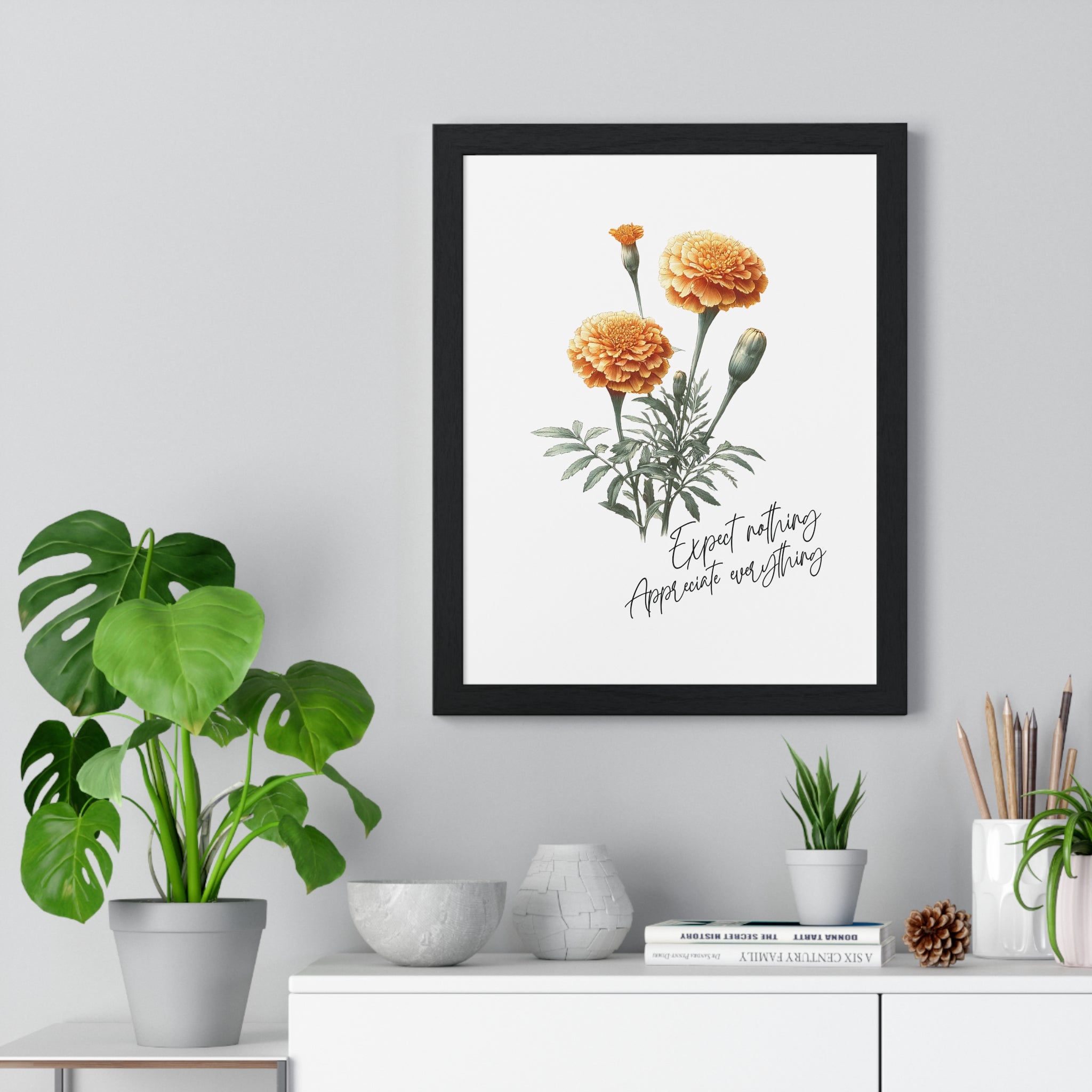 October Birth Month Flower Wall Art – Marigold Illustration with Inspirational Quote in Wooden Frame