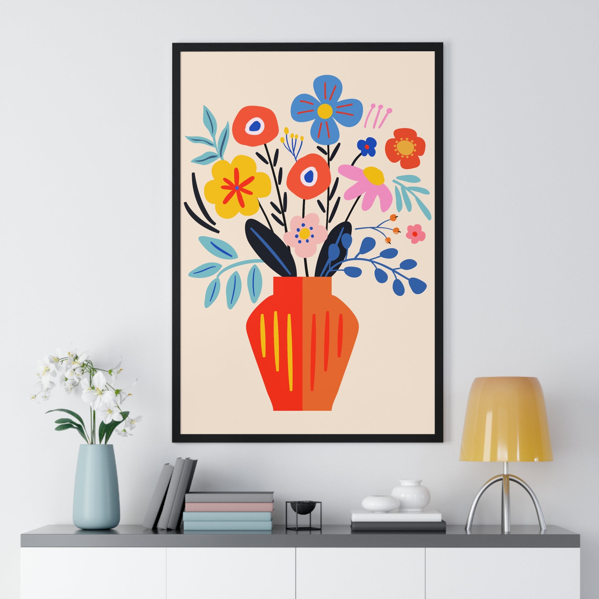 Vibrant Succulent Garden Pot Art on Orange Grid in Premium Frame