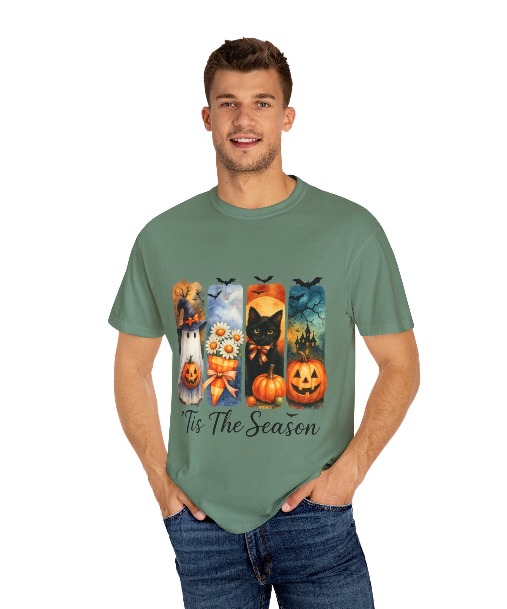 Whimsical Halloween T-Shirt – Ghost, Black Cat, Pumpkins & Haunted House Design - Gallory Hive