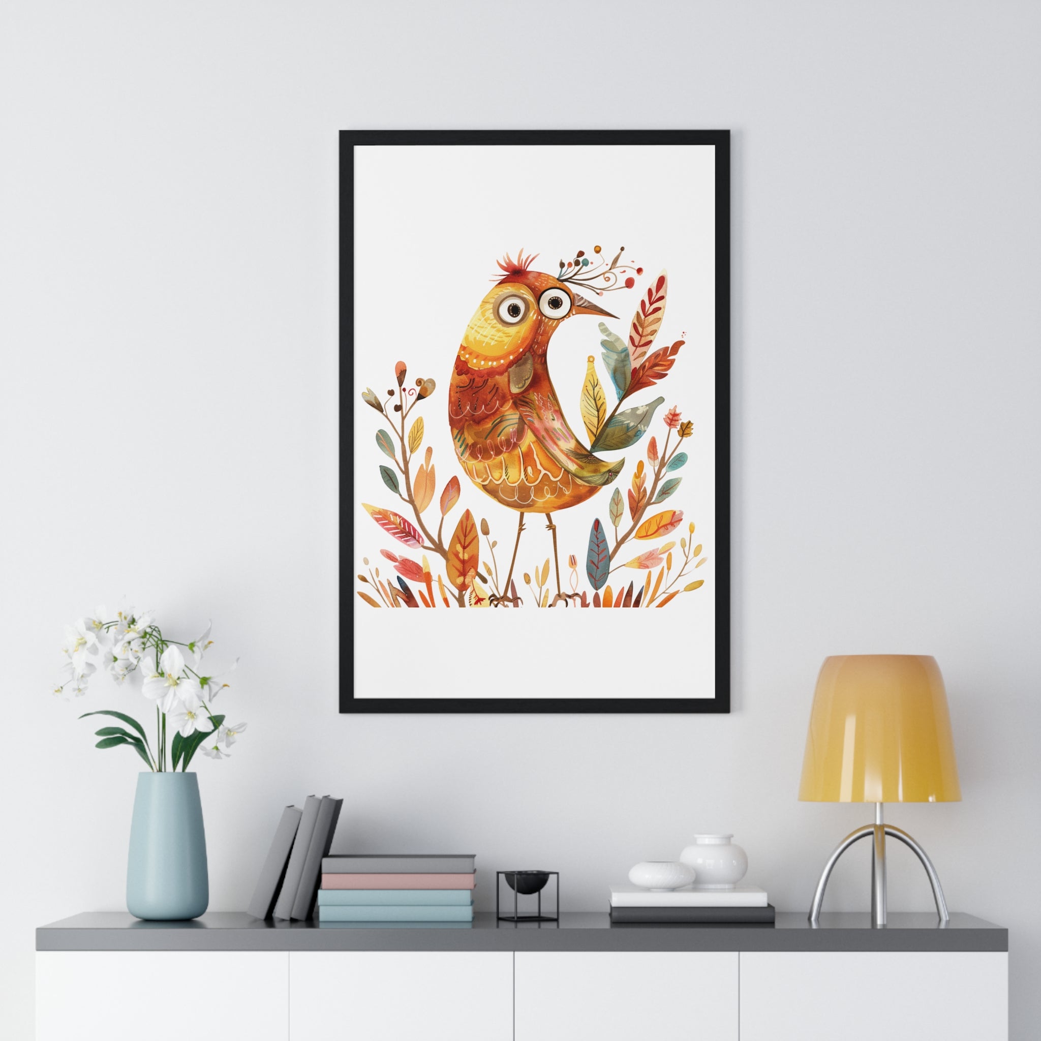 Folk Forest Bird – Whimsical Wooden Framed Wall Art