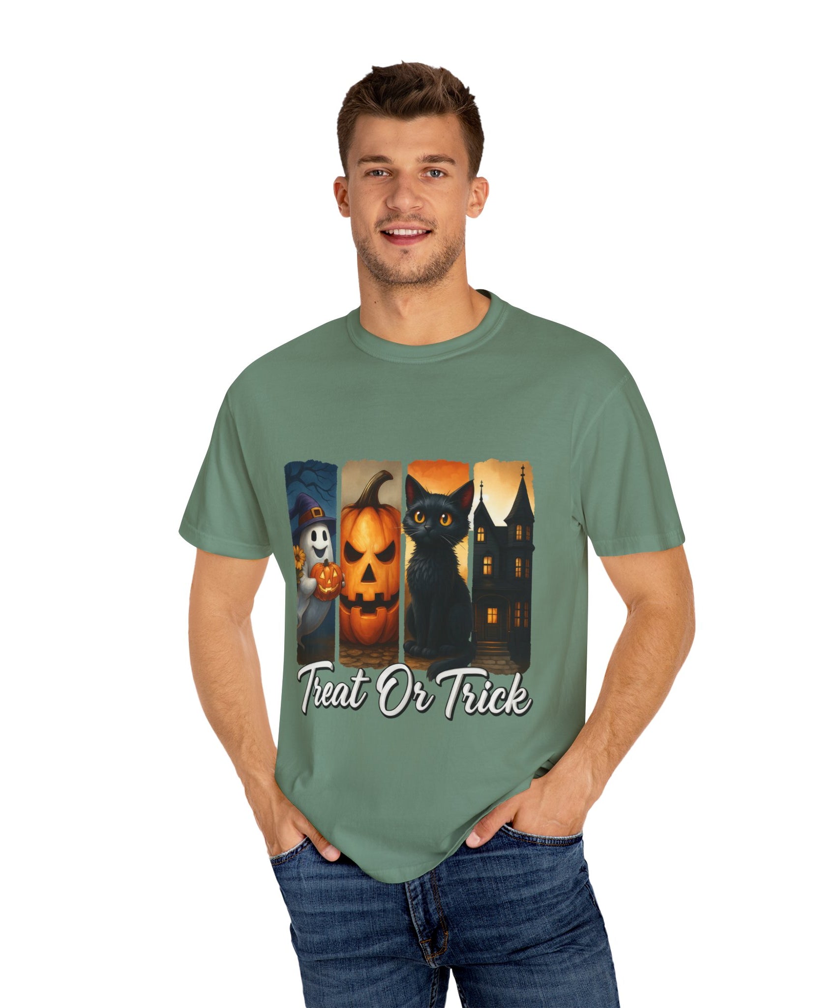 Treat Or Trick Halloween T-Shirt – Cute Ghost, Pumpkin, Black Cat & Haunted House Design - Gallory Hive