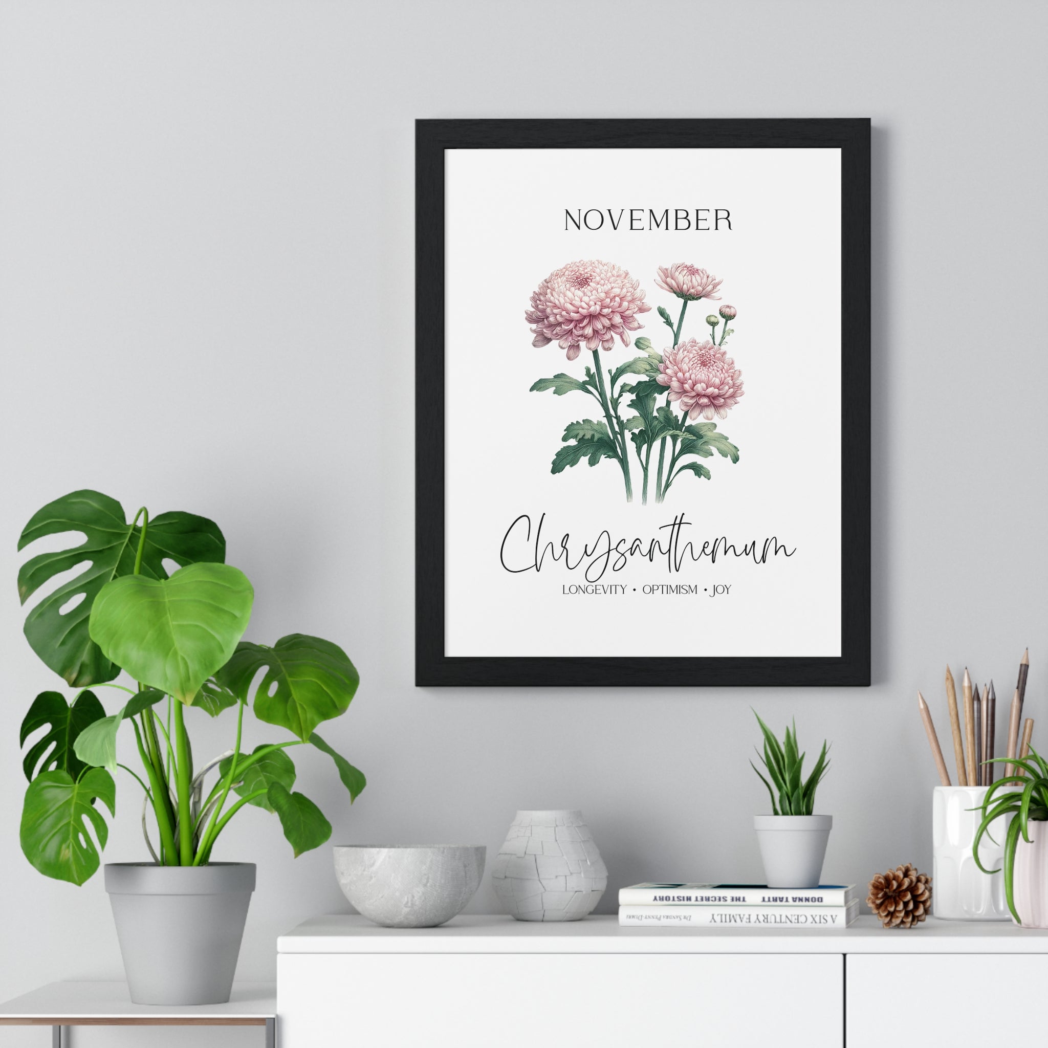 November Birth Month Flower Wall Art – Chrysanthemum Illustration in Wooden Frame | Longevity, Optimism & Joy