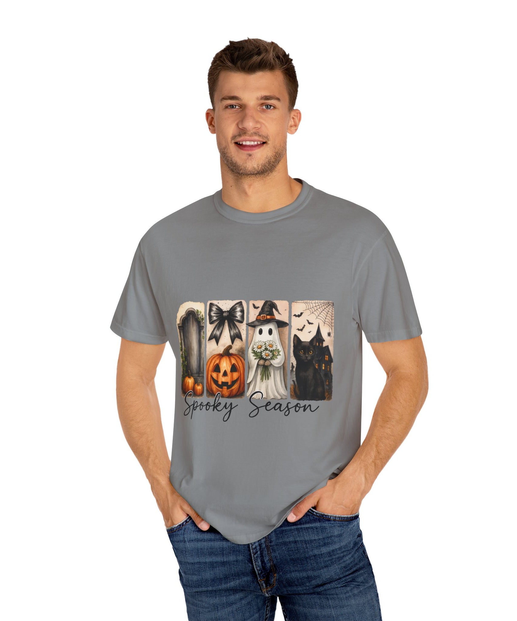 Spooky Season Unisex Halloween T-Shirt – Ghost, Black Cat, Pumpkin & Haunted House Art - Gallory Hive