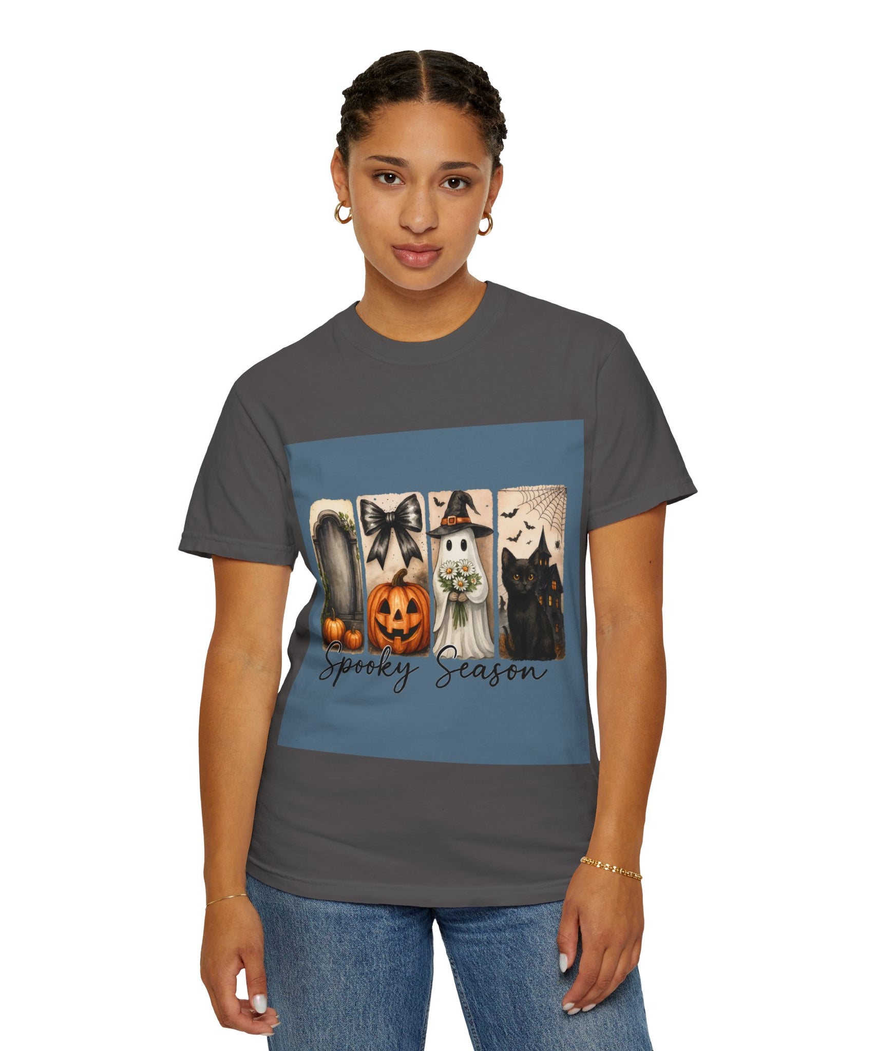 Spooky Season Unisex Halloween T-Shirt – Ghost, Black Cat, Pumpkin & Haunted House Art - Gallory Hive