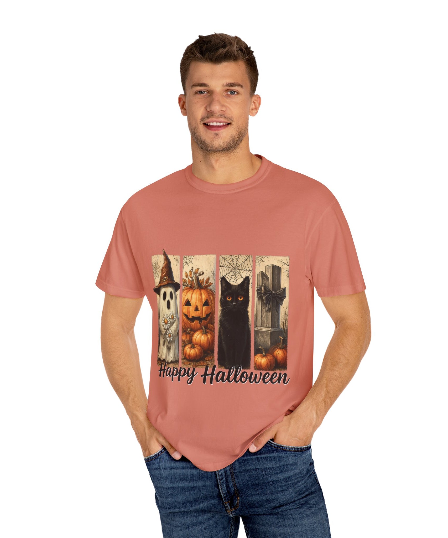 Happy Halloween Unisex T-Shirt – Ghost, Black Cat & Pumpkin Graphic Tee - Gallory Hive