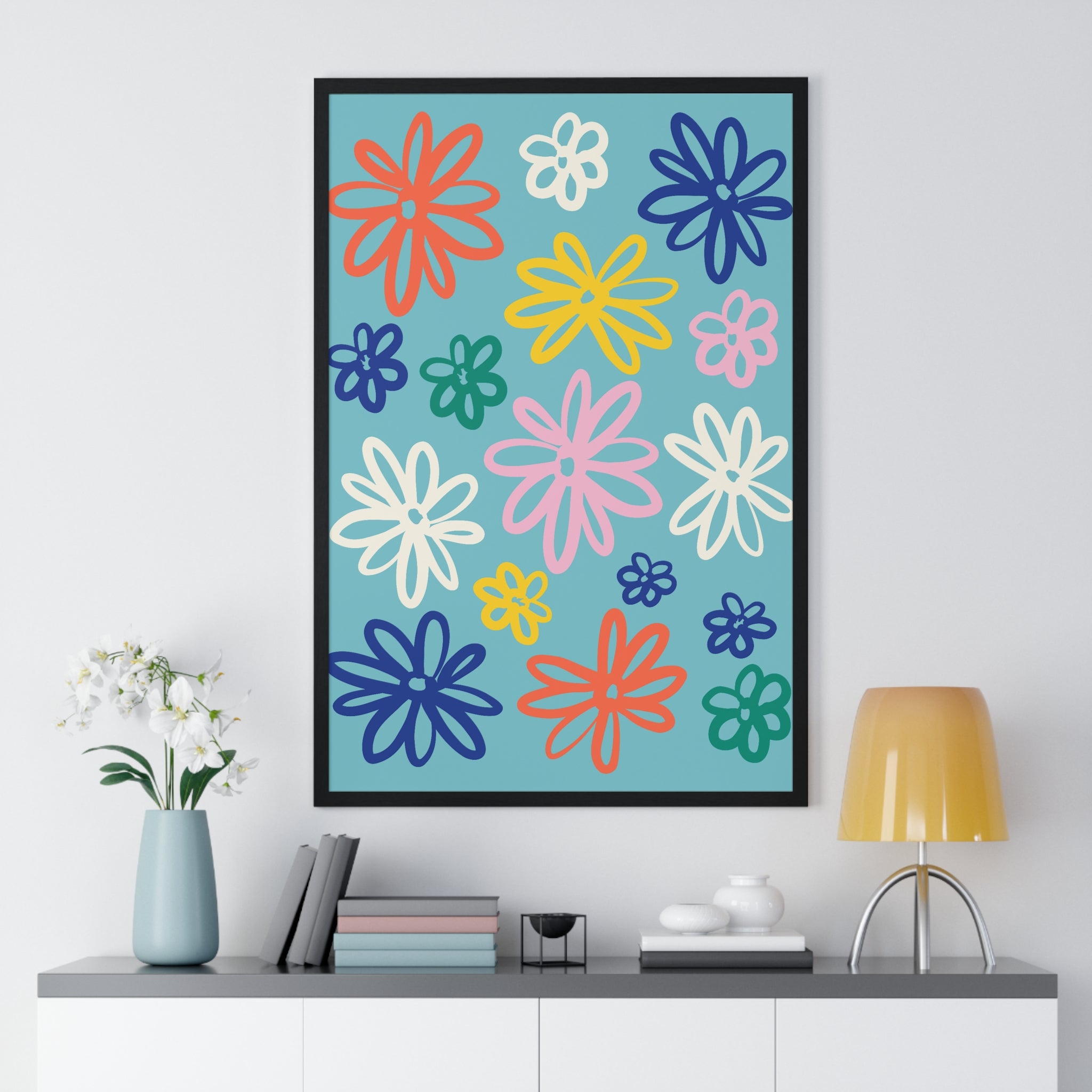 Vibrant Summer Sunflower Art on Golden Yellow Grid in Premium Frame