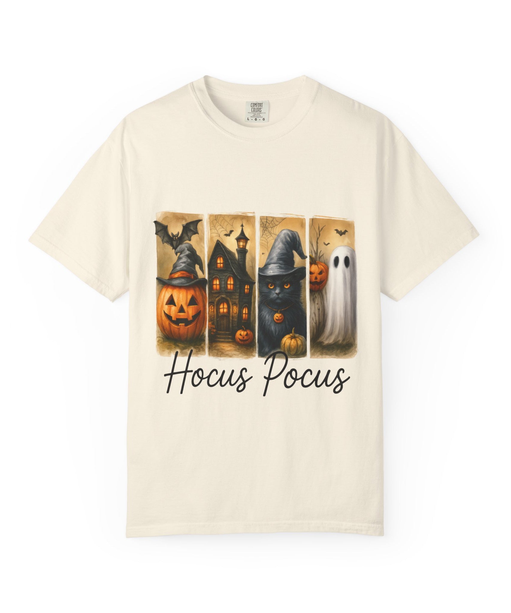 Hocus Pocus Halloween Unisex T-Shirt – Witchy Cat, Haunted House, Pumpkin & Ghost Art - Gallory Hive