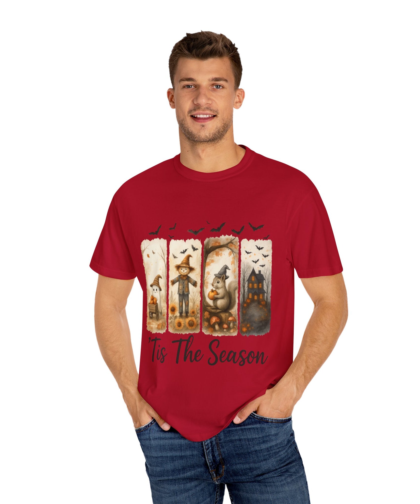 Tis The Season Fall Halloween T-Shirt – Cute Ghost, Scarecrow, Squirrel & Haunted House Design - Gallory Hive