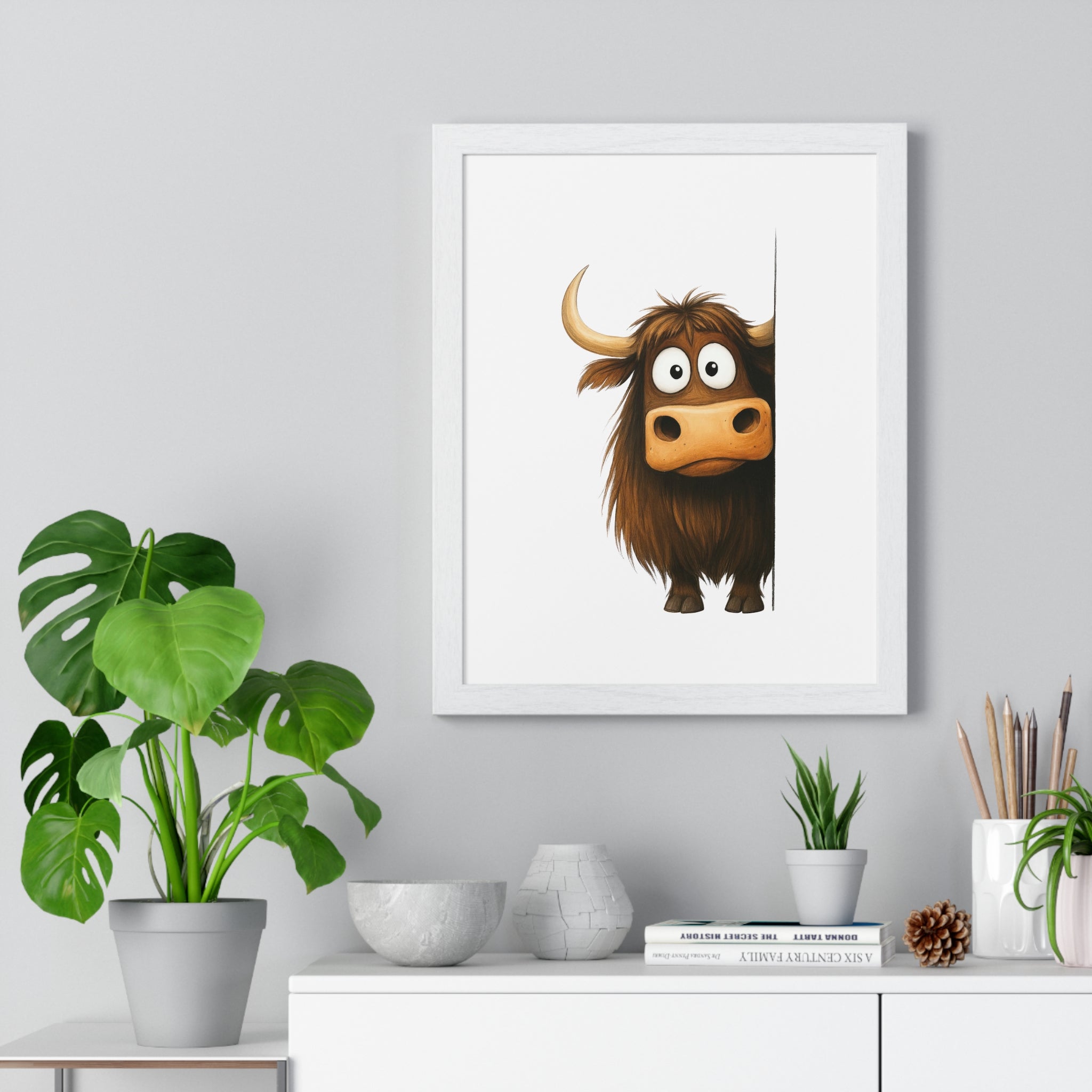 Playful Cartoon Yak Wall Art – Wooden Frame Animal Decor