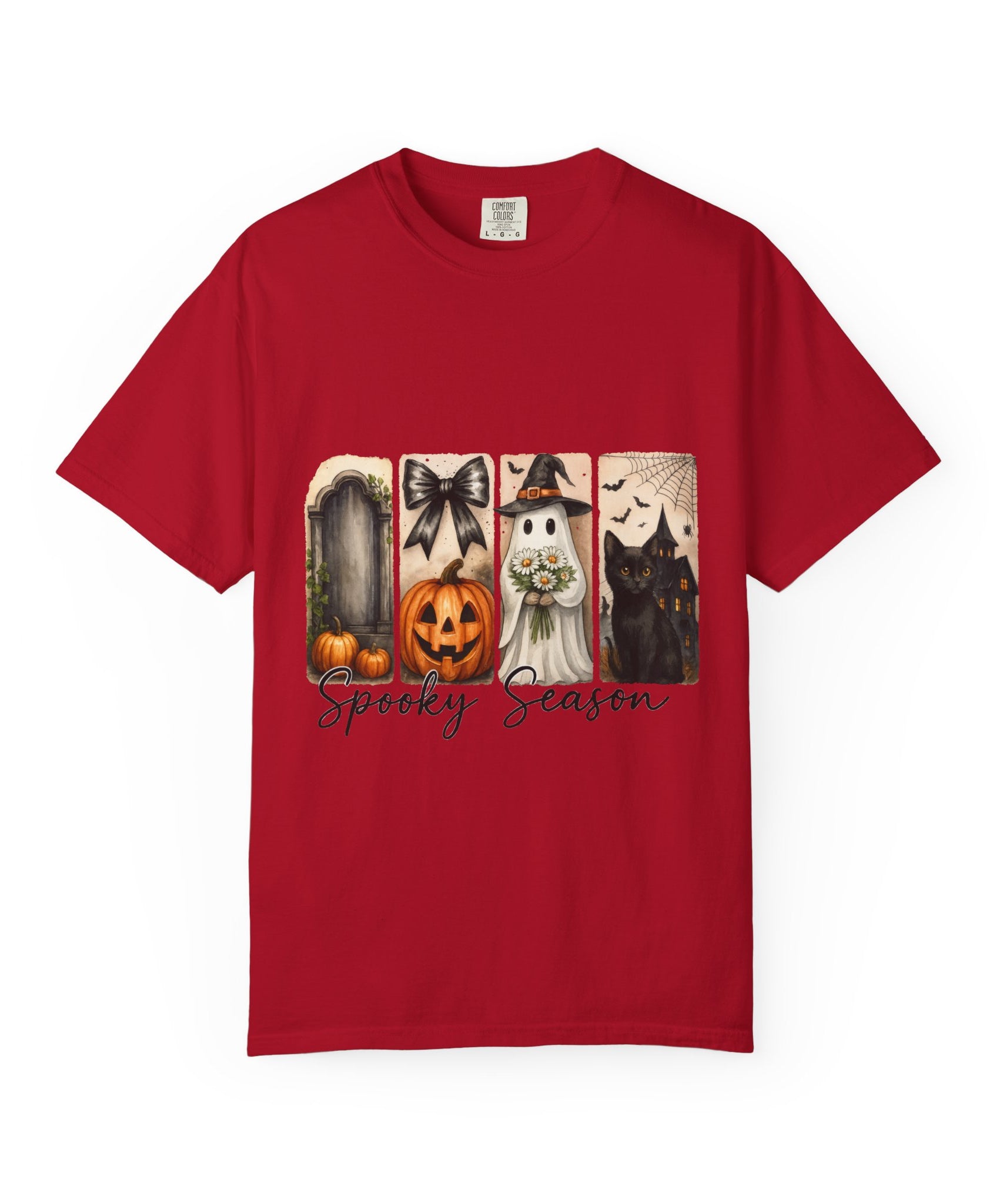 Spooky Season Unisex Halloween T-Shirt – Ghost, Black Cat, Pumpkin & Haunted House Art - Gallory Hive