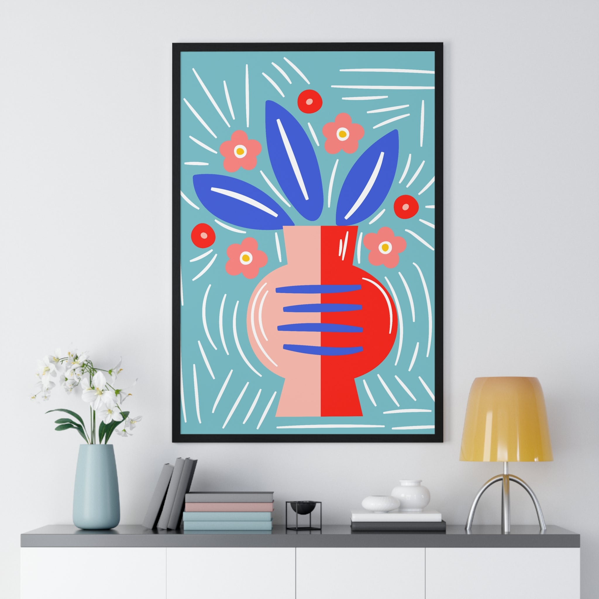 Vibrant Floral Vase Art with Blue Leaves in Premium Frame