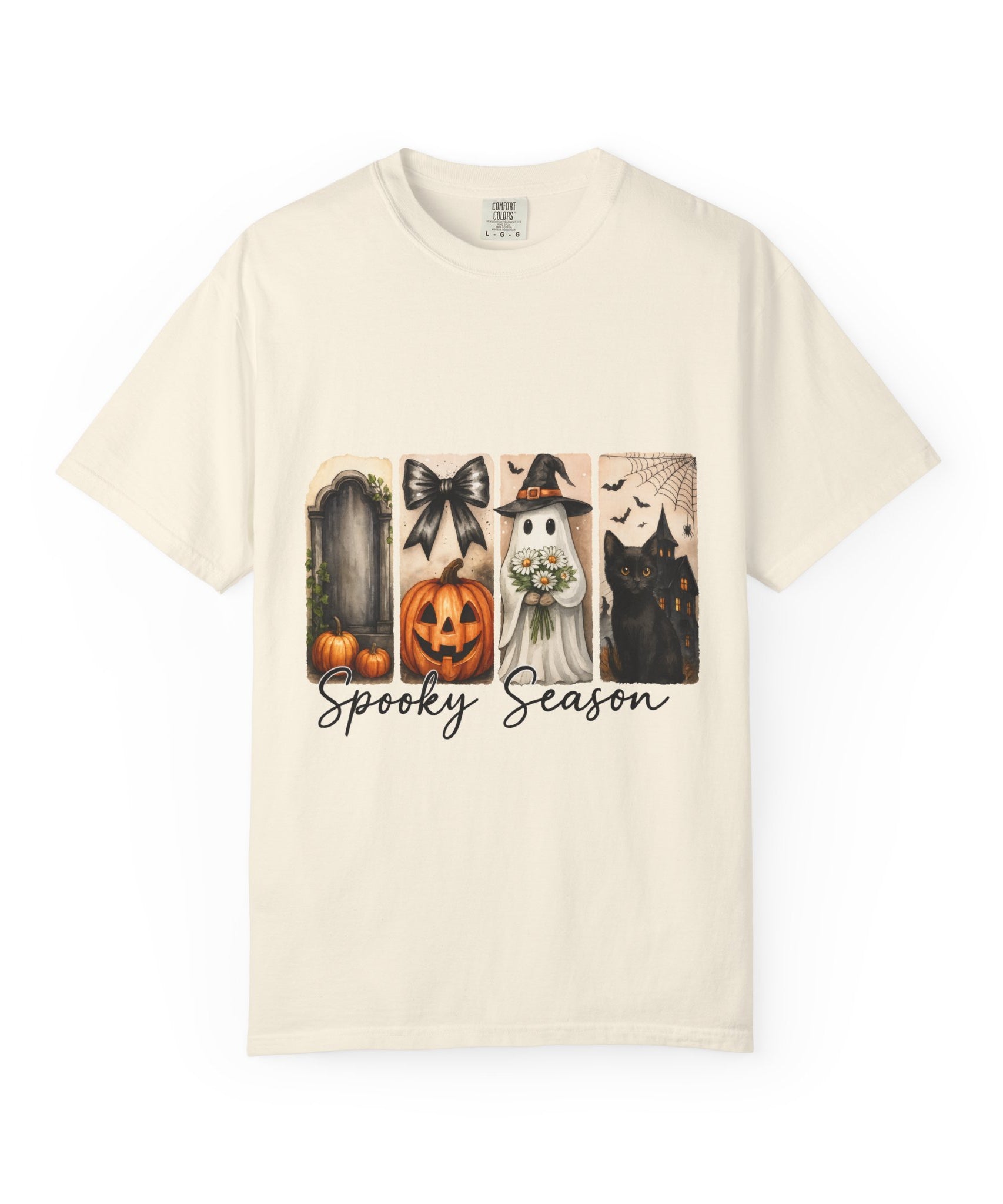 Spooky Season Unisex Halloween T-Shirt – Ghost, Black Cat, Pumpkin & Haunted House Art