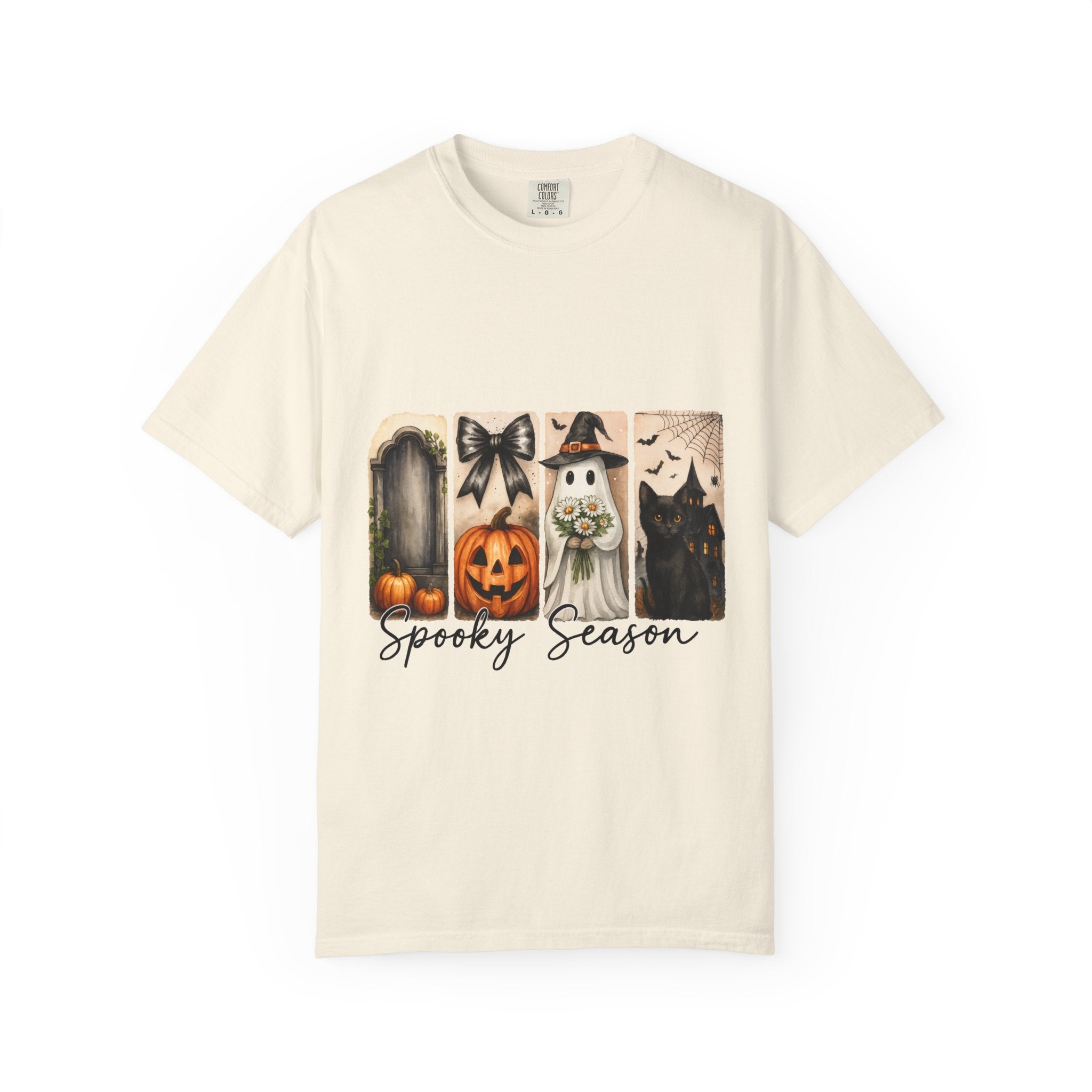 Spooky Season Unisex Halloween T-Shirt – Ghost, Black Cat, Pumpkin & Haunted House Art - Gallory Hive