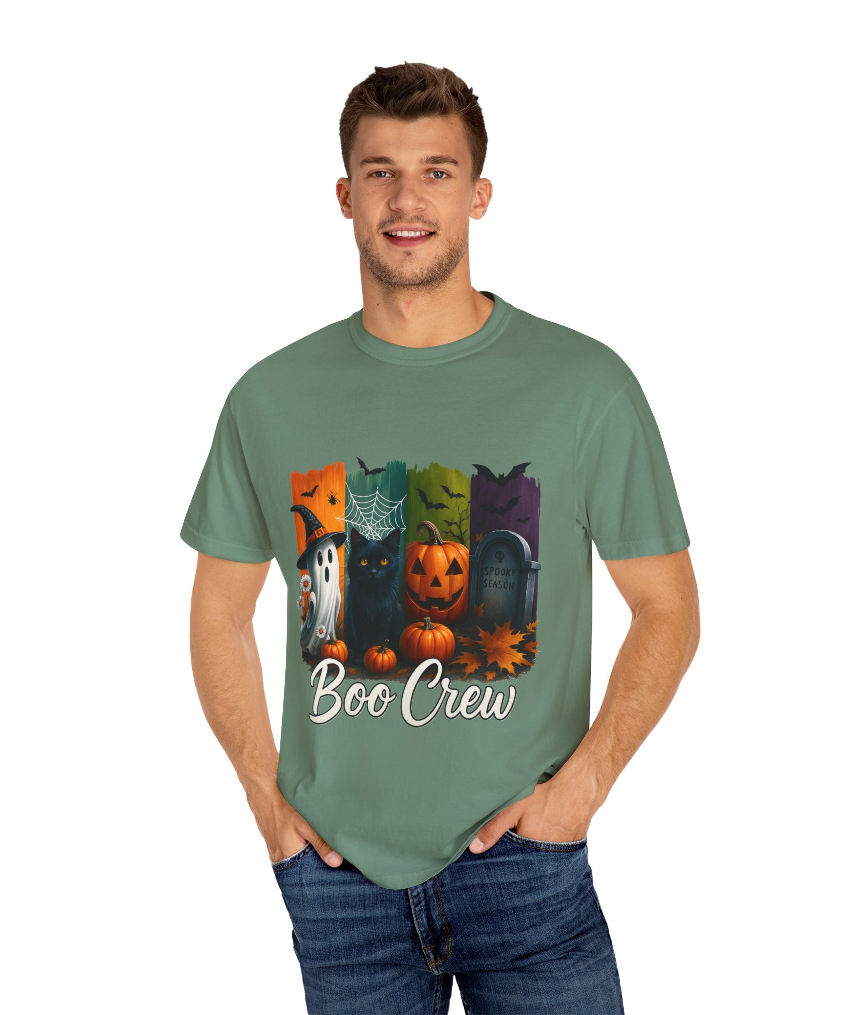 Boo Crew Halloween Unisex T-Shirt – Cute Ghost, Black Cat, Pumpkin & Tombstone Design - Gallory Hive