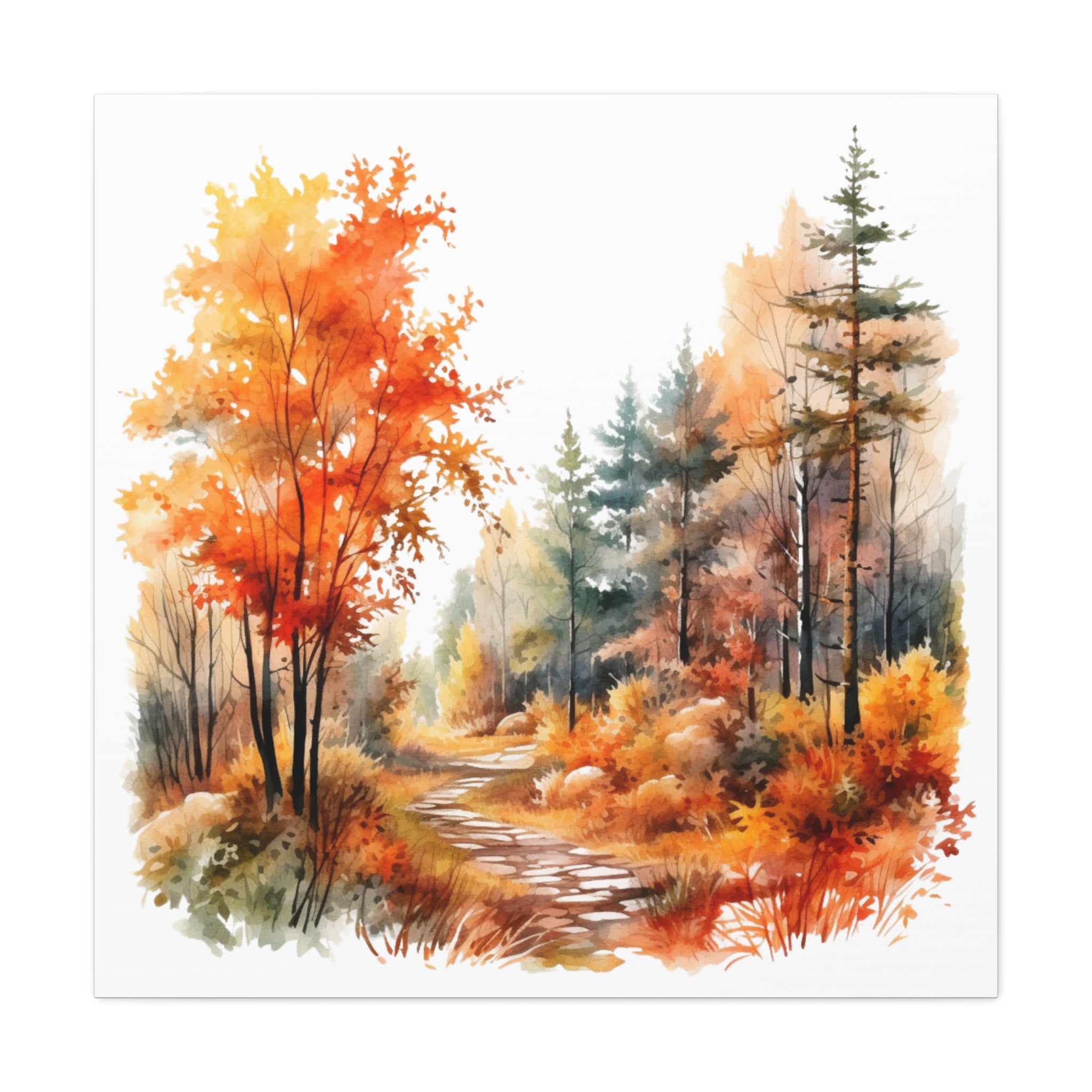 Path of Seasons – Autumn Forest Trail Watercolor on Floral Canvas Wall Art