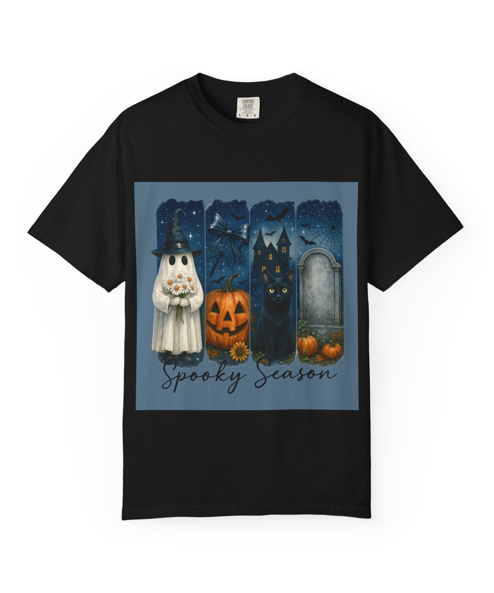 Spooky Season Halloween T-Shirt – Ghost, Black Cat, Pumpkin & Haunted House Design - Gallory Hive
