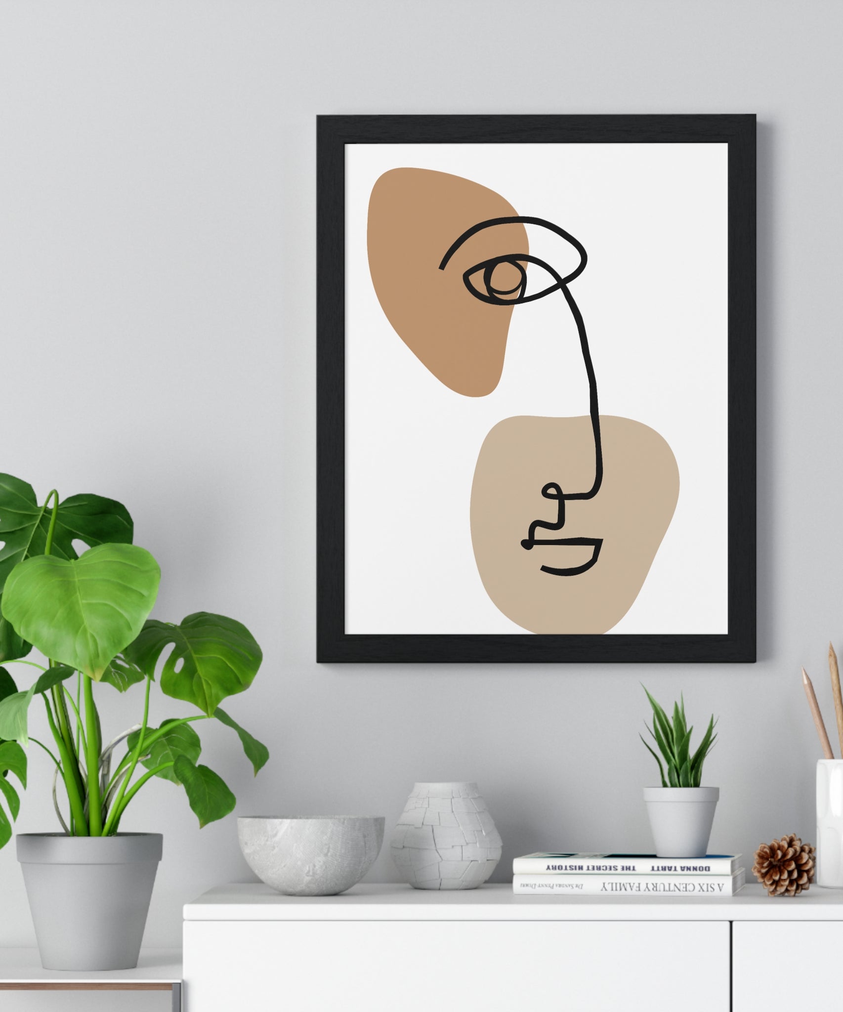 Abstract Face Line Drawing – Wood Frame Poster