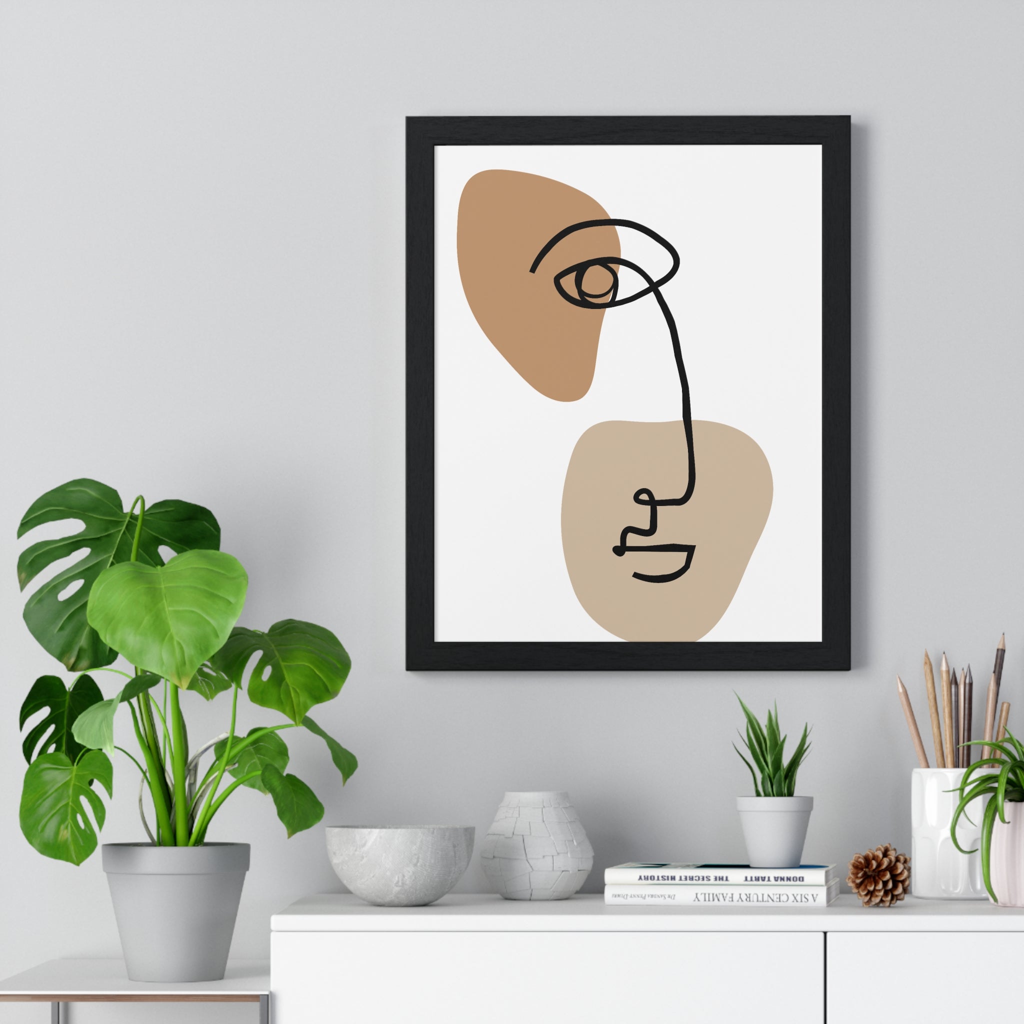 Abstract Face Line Drawing – Wood Frame Poster