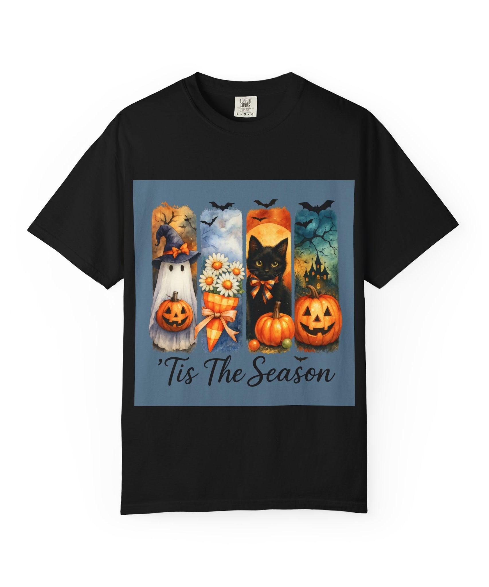 Whimsical Halloween T-Shirt – Ghost, Black Cat, Pumpkins & Haunted House Design - Gallory Hive