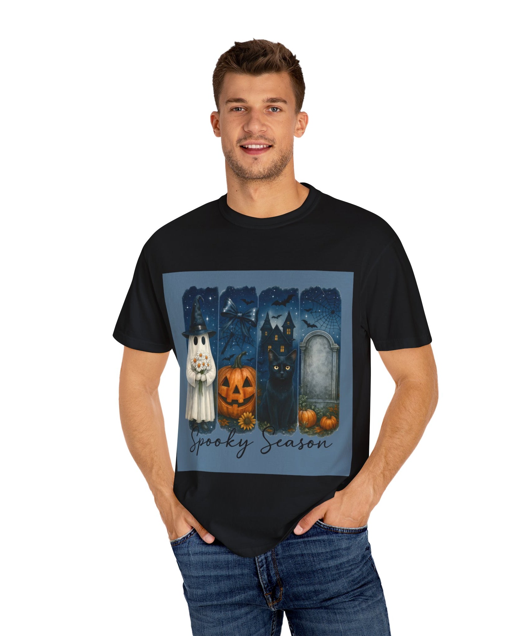 Spooky Season Halloween T-Shirt – Ghost, Black Cat, Pumpkin & Haunted House Design - Gallory Hive