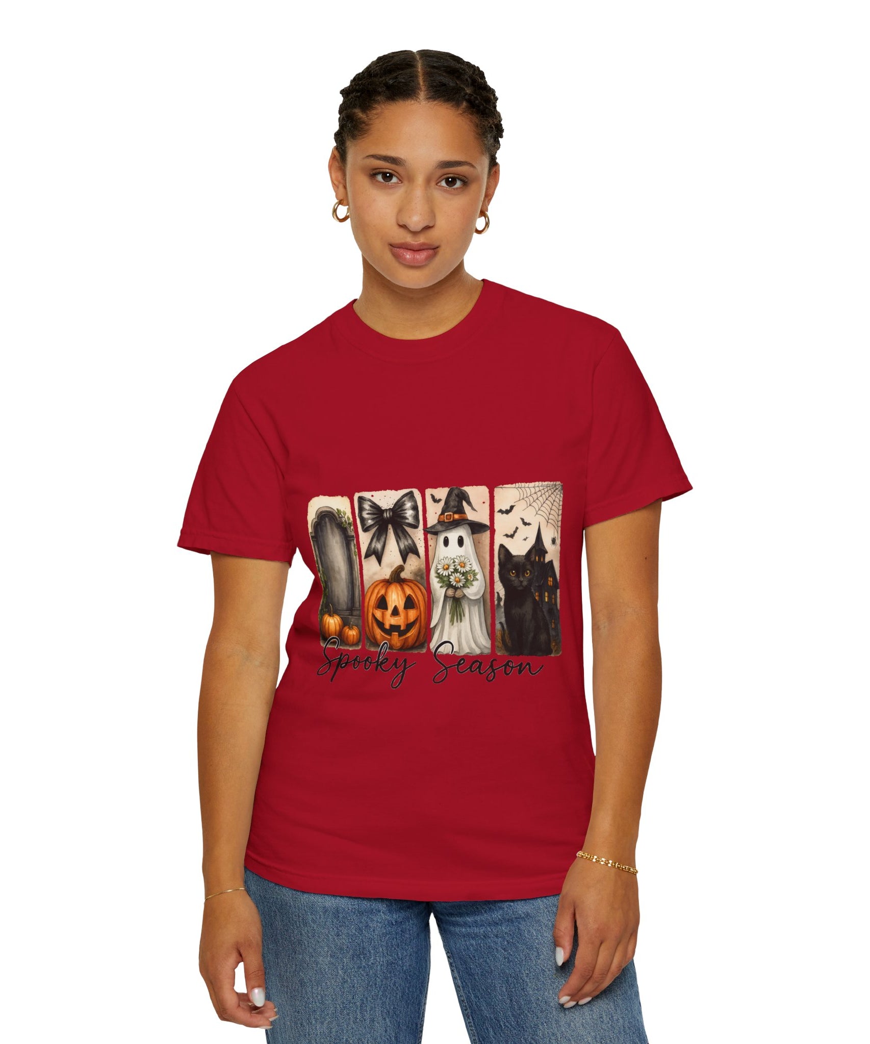 Spooky Season Unisex Halloween T-Shirt – Ghost, Black Cat, Pumpkin & Haunted House Art - Gallory Hive