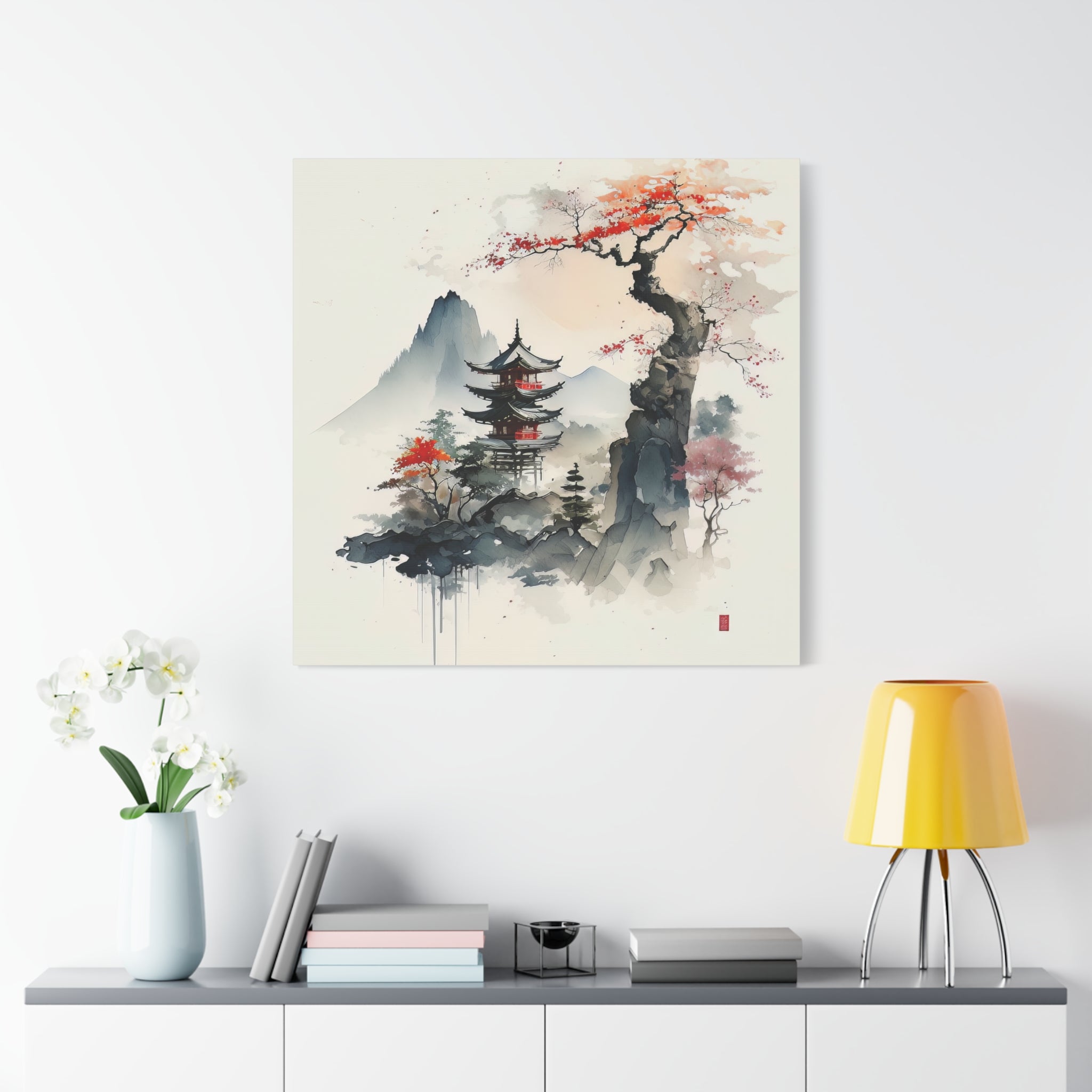 Mystic Pagoda in Autumn - Japanese Watercolor Landscape Wall Art, Floral Canvas Print, Asian-Inspired Home Decor - Gallory Hive