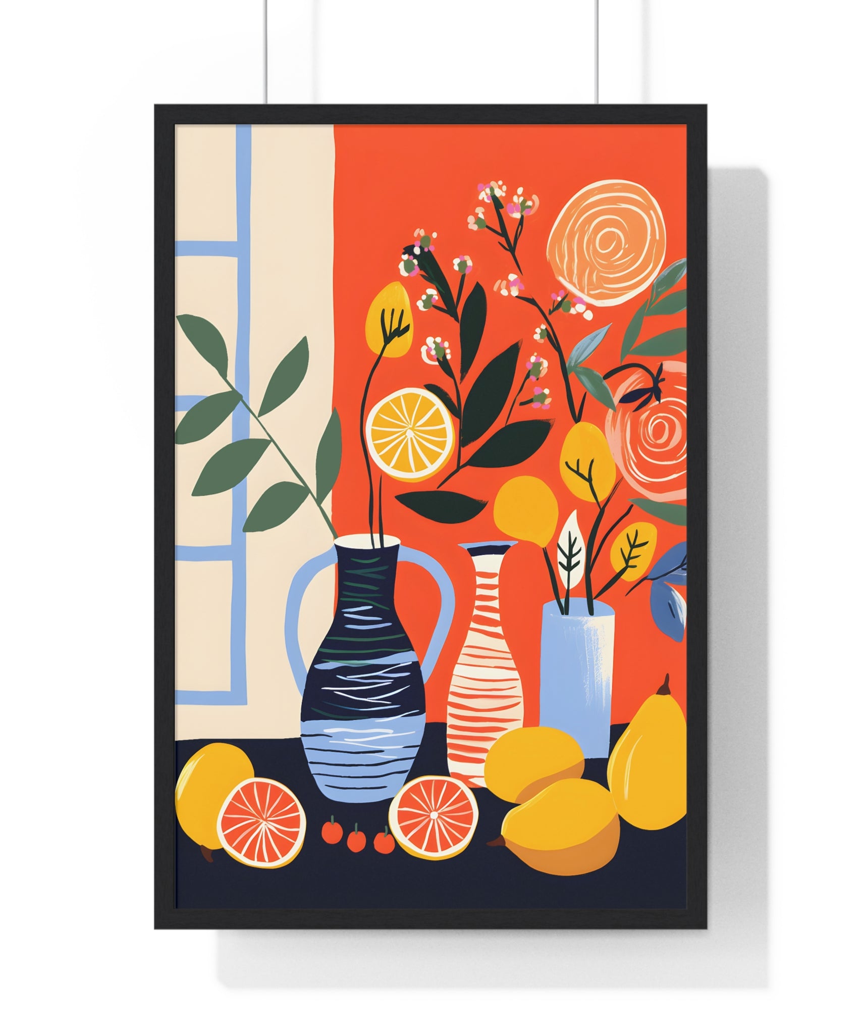 Modern Still Life Art – Premium Wooden Framed Poster with Fruits, Vases & Florals
