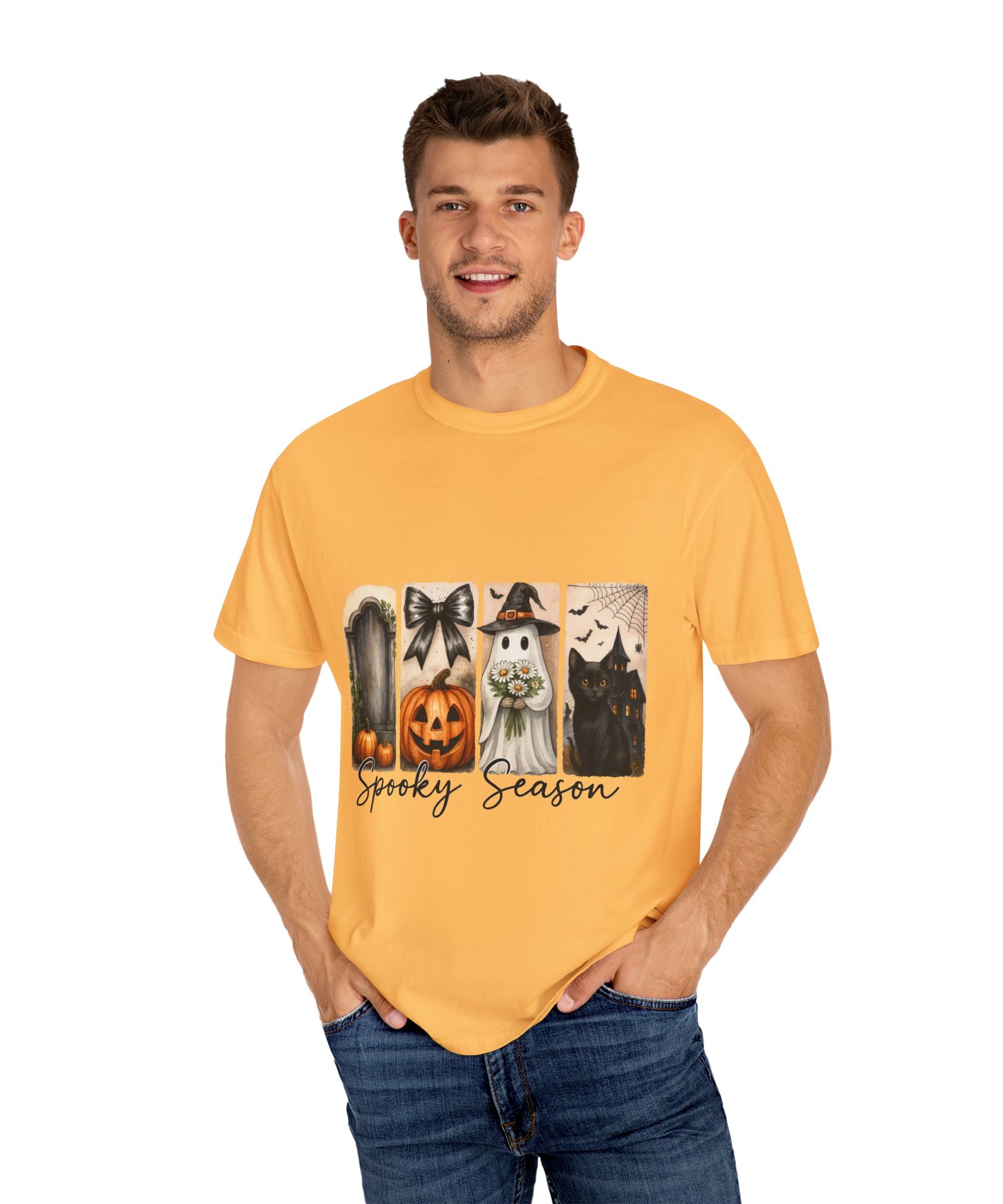 Spooky Season Unisex Halloween T-Shirt – Ghost, Black Cat, Pumpkin & Haunted House Art - Gallory Hive