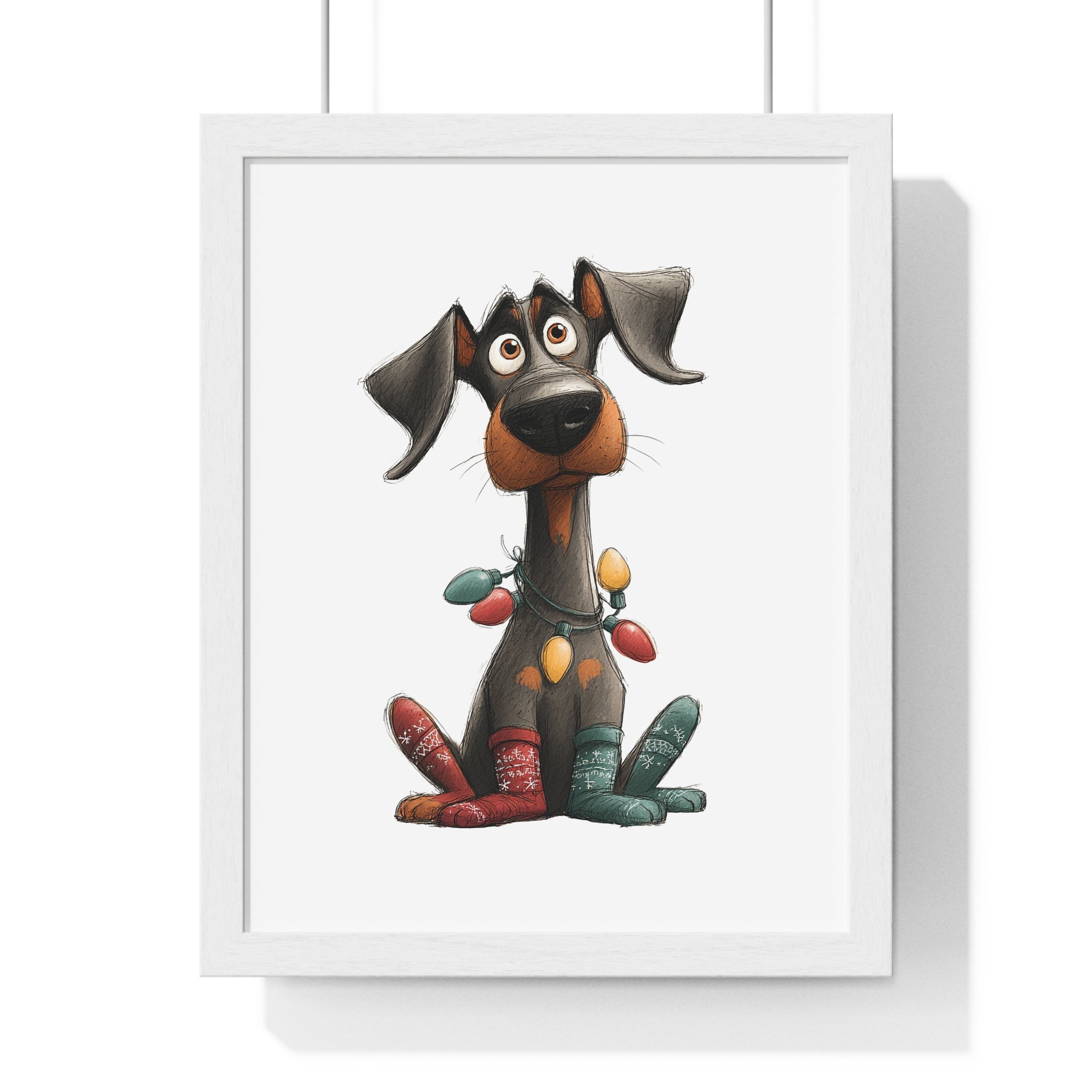Playful Holiday Dog with Lights & Socks - Framed Christmas Wall Art - Gallory Hive