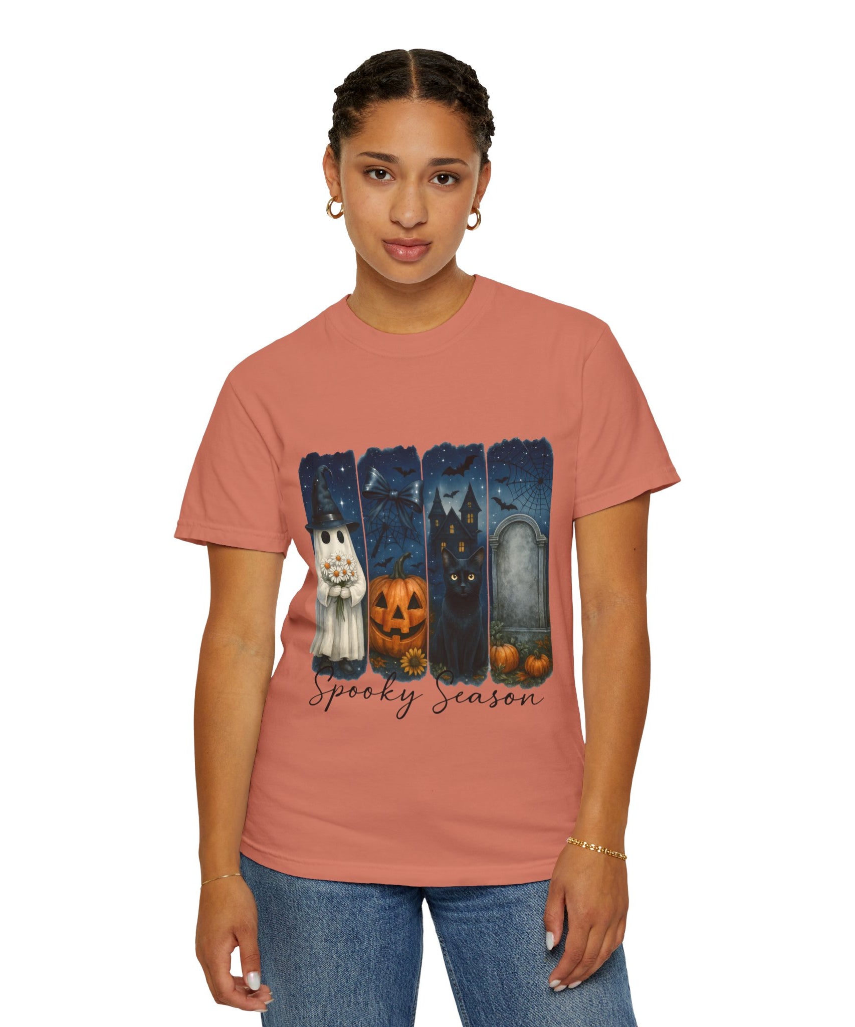 Spooky Season Halloween T-Shirt – Ghost, Black Cat, Pumpkin & Haunted House Design - Gallory Hive