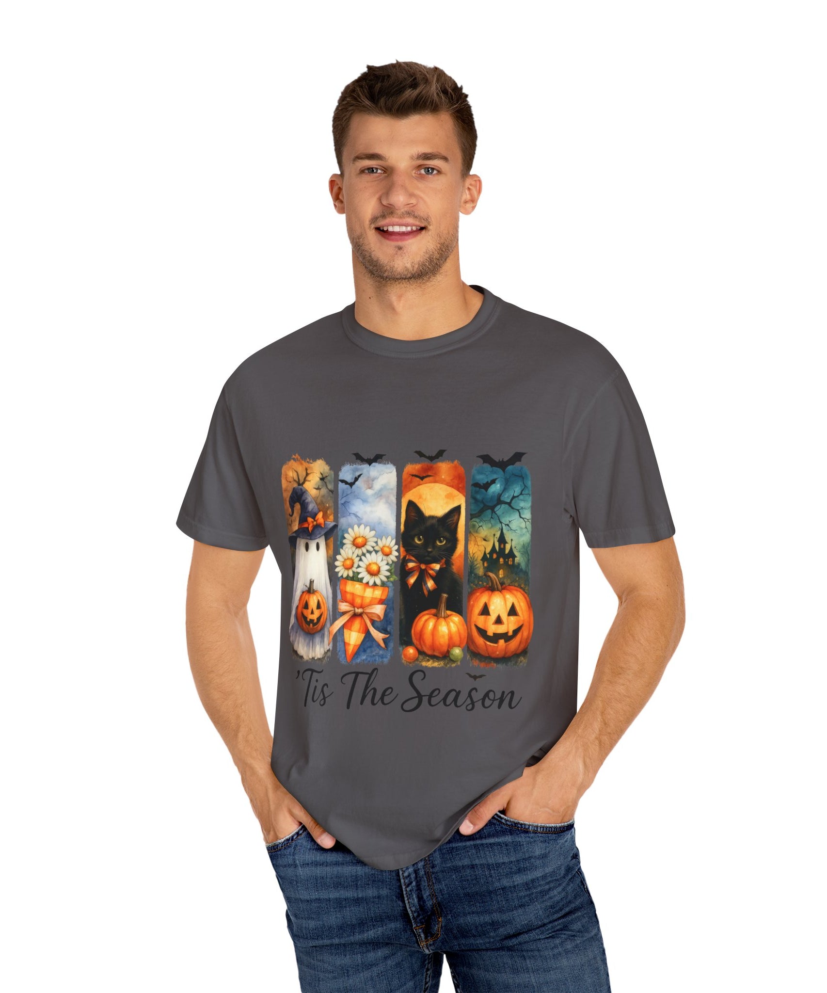 Whimsical Halloween T-Shirt – Ghost, Black Cat, Pumpkins & Haunted House Design - Gallory Hive