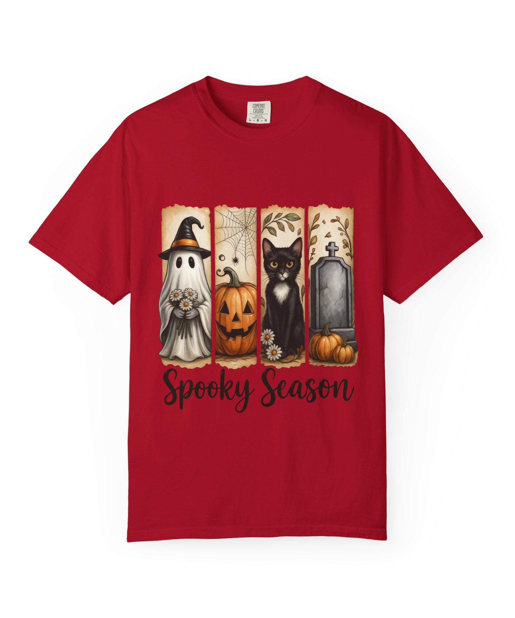 Spooky Season Halloween Unisex T-Shirt – Ghost, Cat & Pumpkin Design - Gallory Hive
