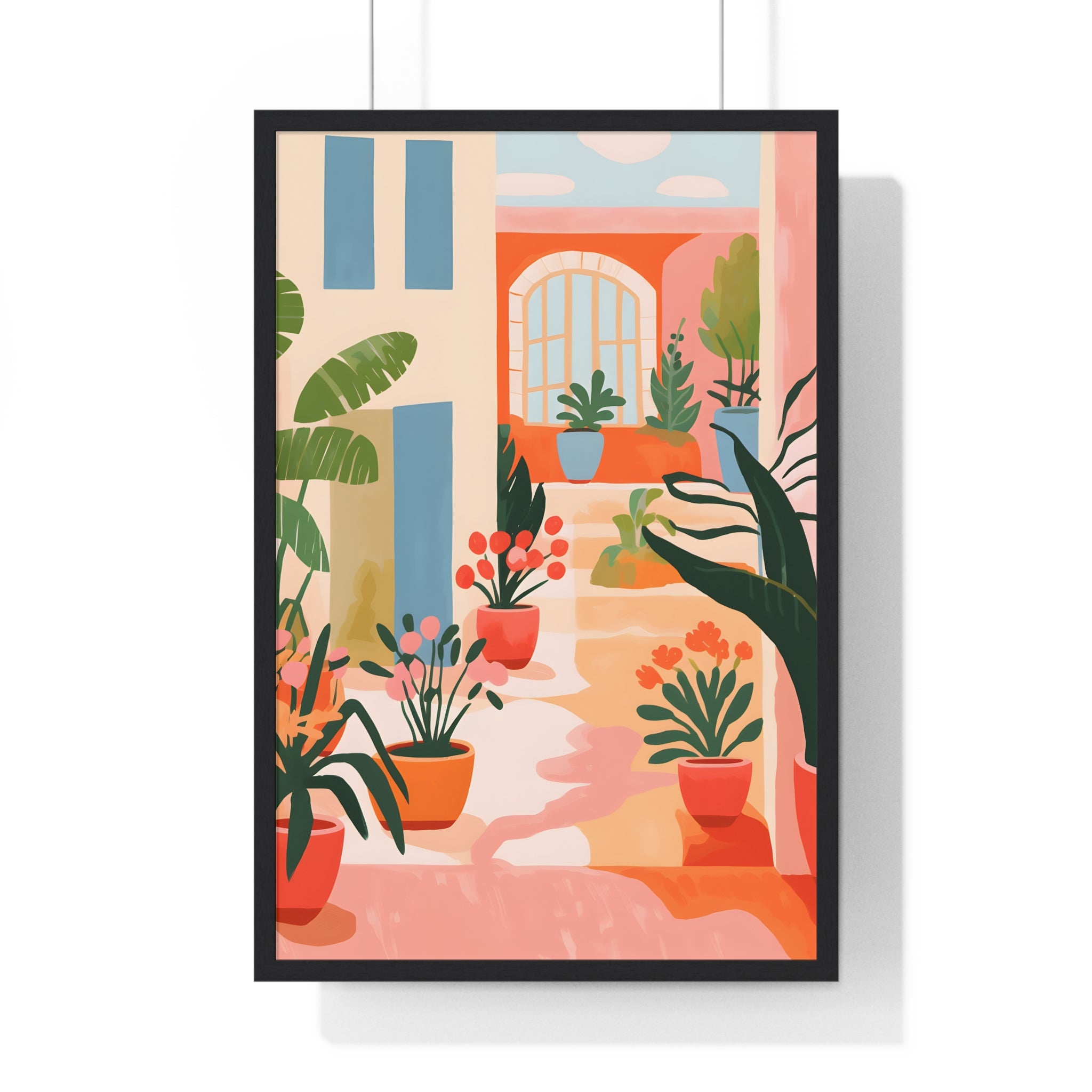 Vibrant Fall Maple Leaf and Flowerpot Art on Deep Red Grid in Premium Frame