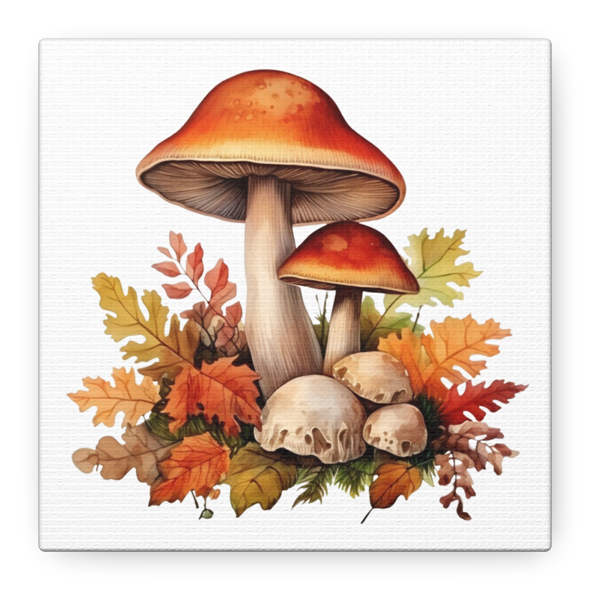 Forest Harvest – Autumn Mushrooms & Leaves Illustration on Floral Canvas Wall Art