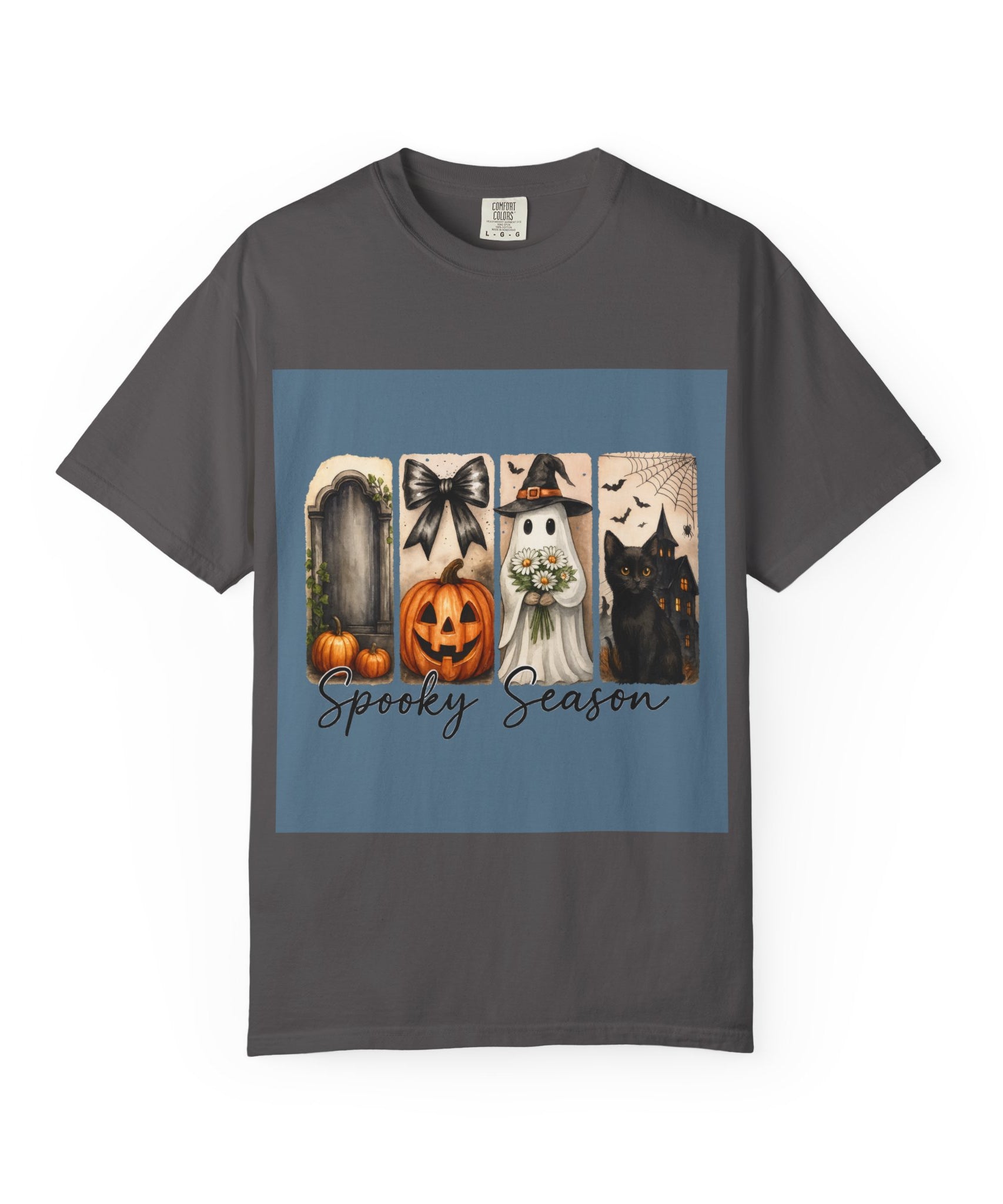 Spooky Season Unisex Halloween T-Shirt – Ghost, Black Cat, Pumpkin & Haunted House Art - Gallory Hive