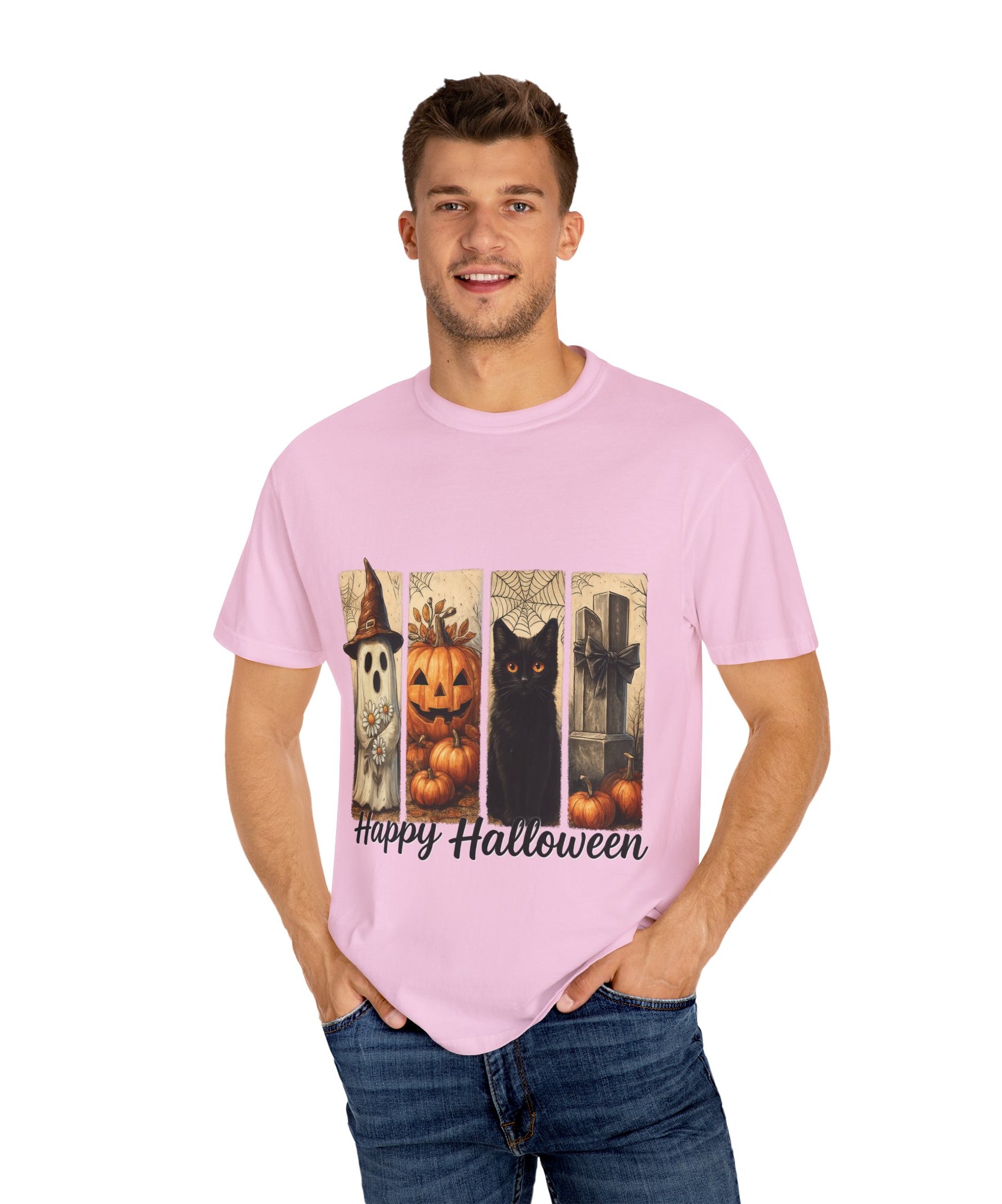 Happy Halloween Unisex T-Shirt – Ghost, Black Cat & Pumpkin Graphic Tee - Gallory Hive