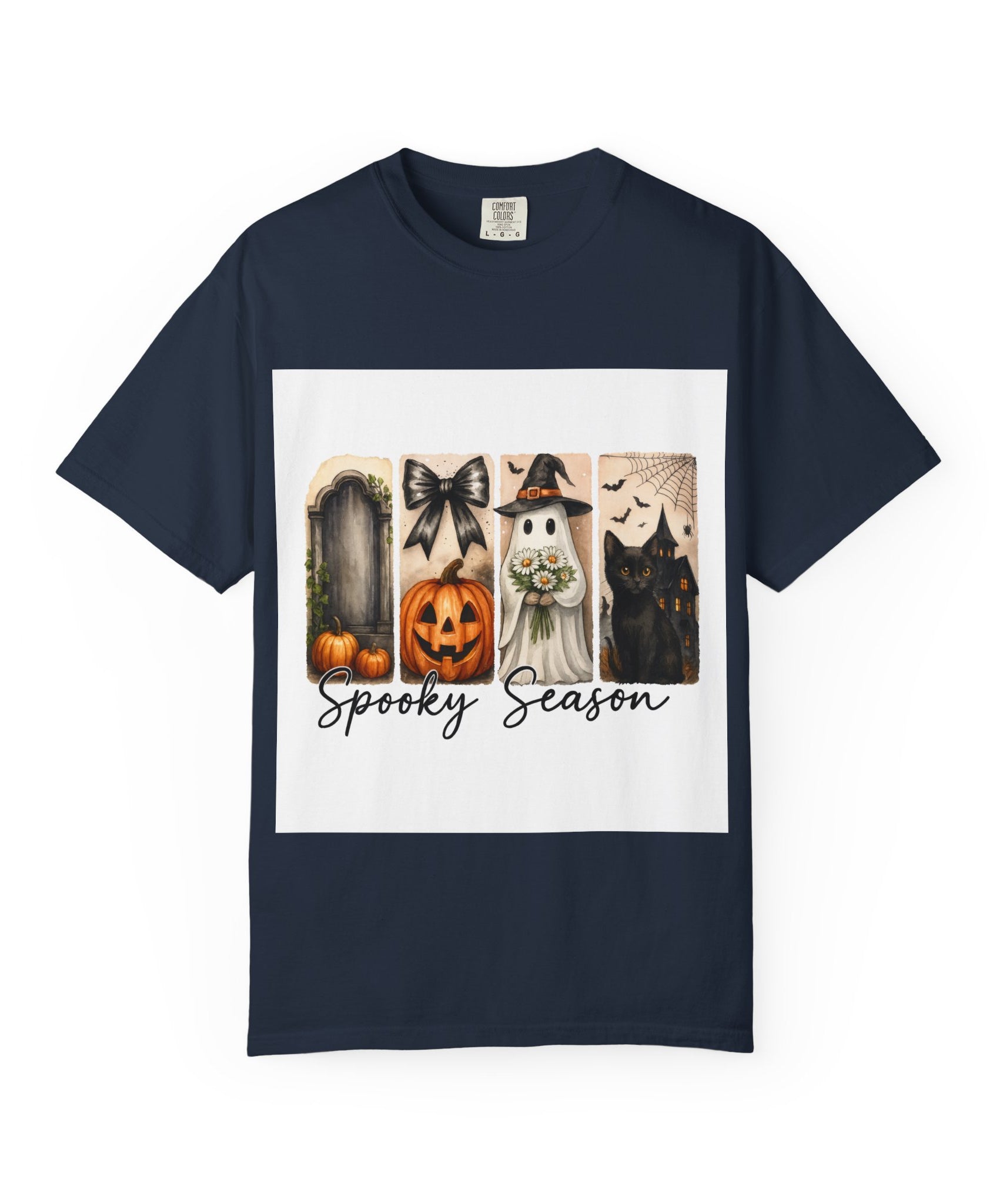 Spooky Season Unisex Halloween T-Shirt – Ghost, Black Cat, Pumpkin & Haunted House Art - Gallory Hive