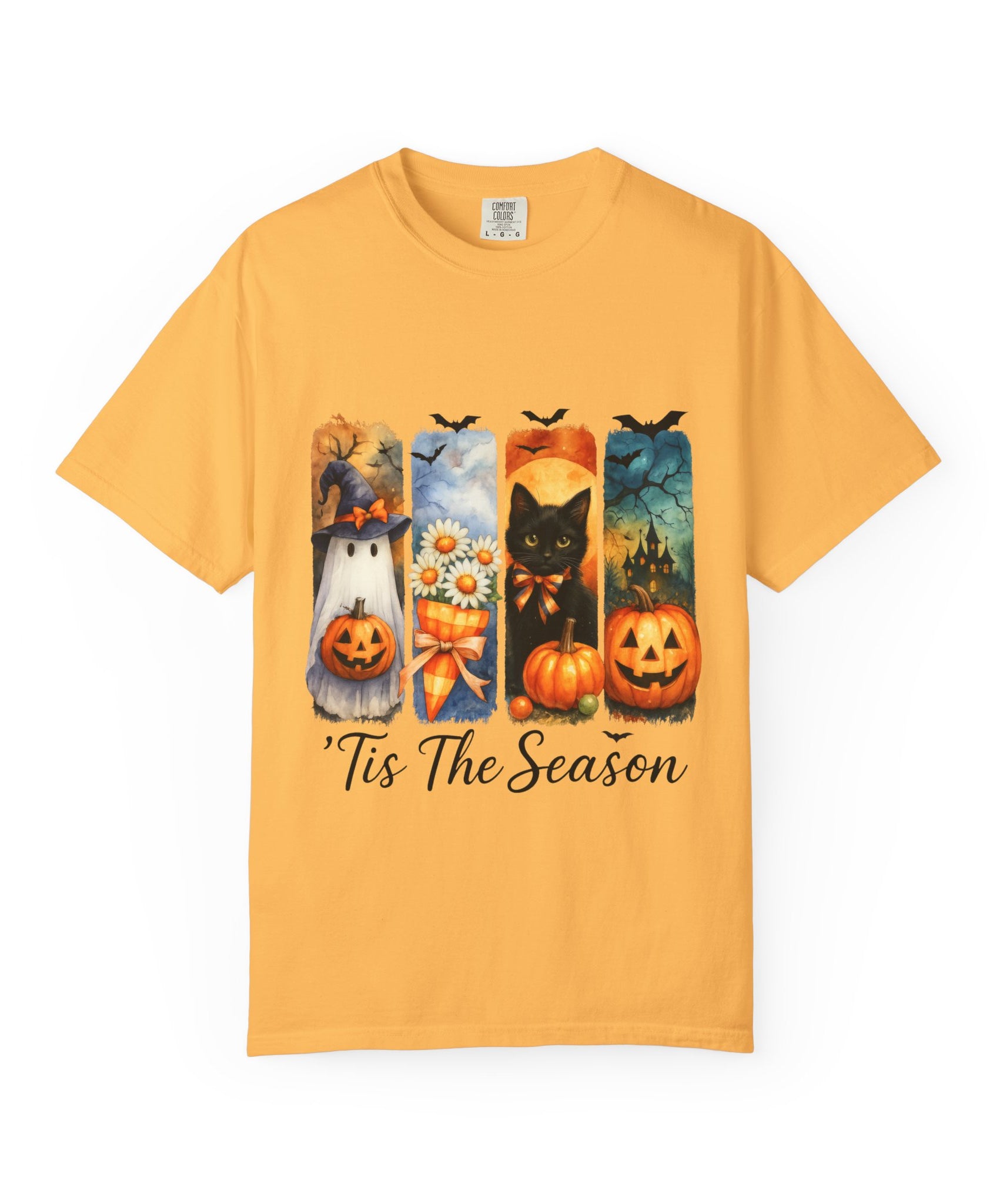Whimsical Halloween T-Shirt – Ghost, Black Cat, Pumpkins & Haunted House Design