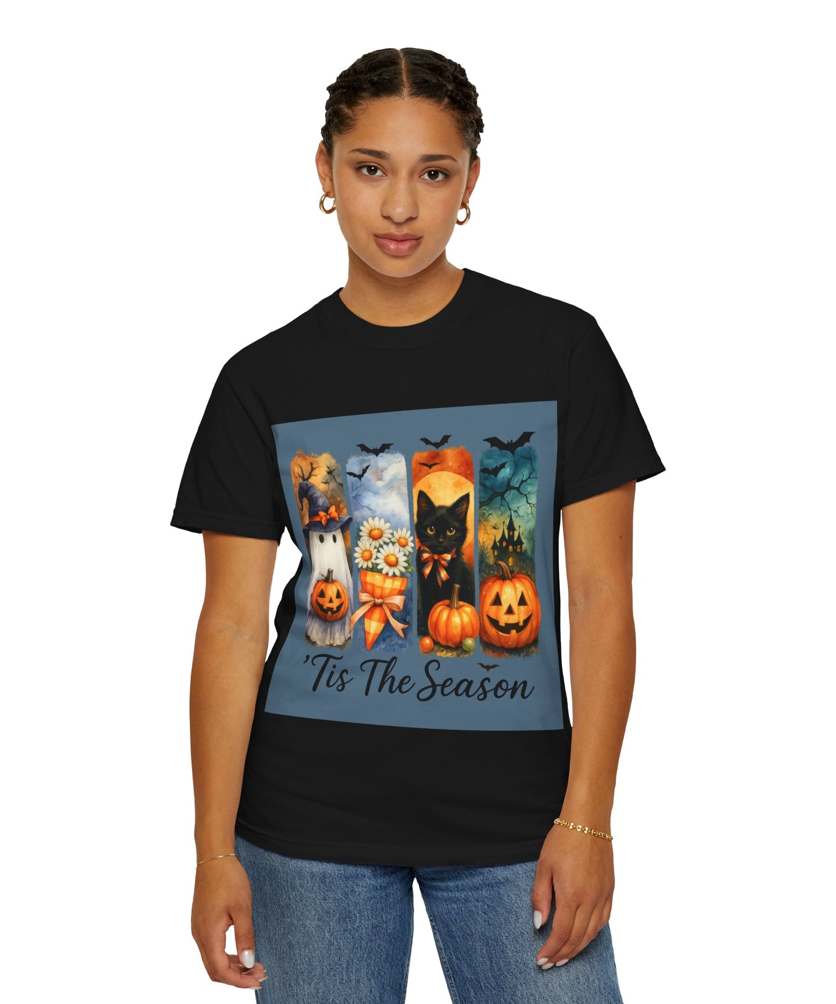 Whimsical Halloween T-Shirt – Ghost, Black Cat, Pumpkins & Haunted House Design - Gallory Hive