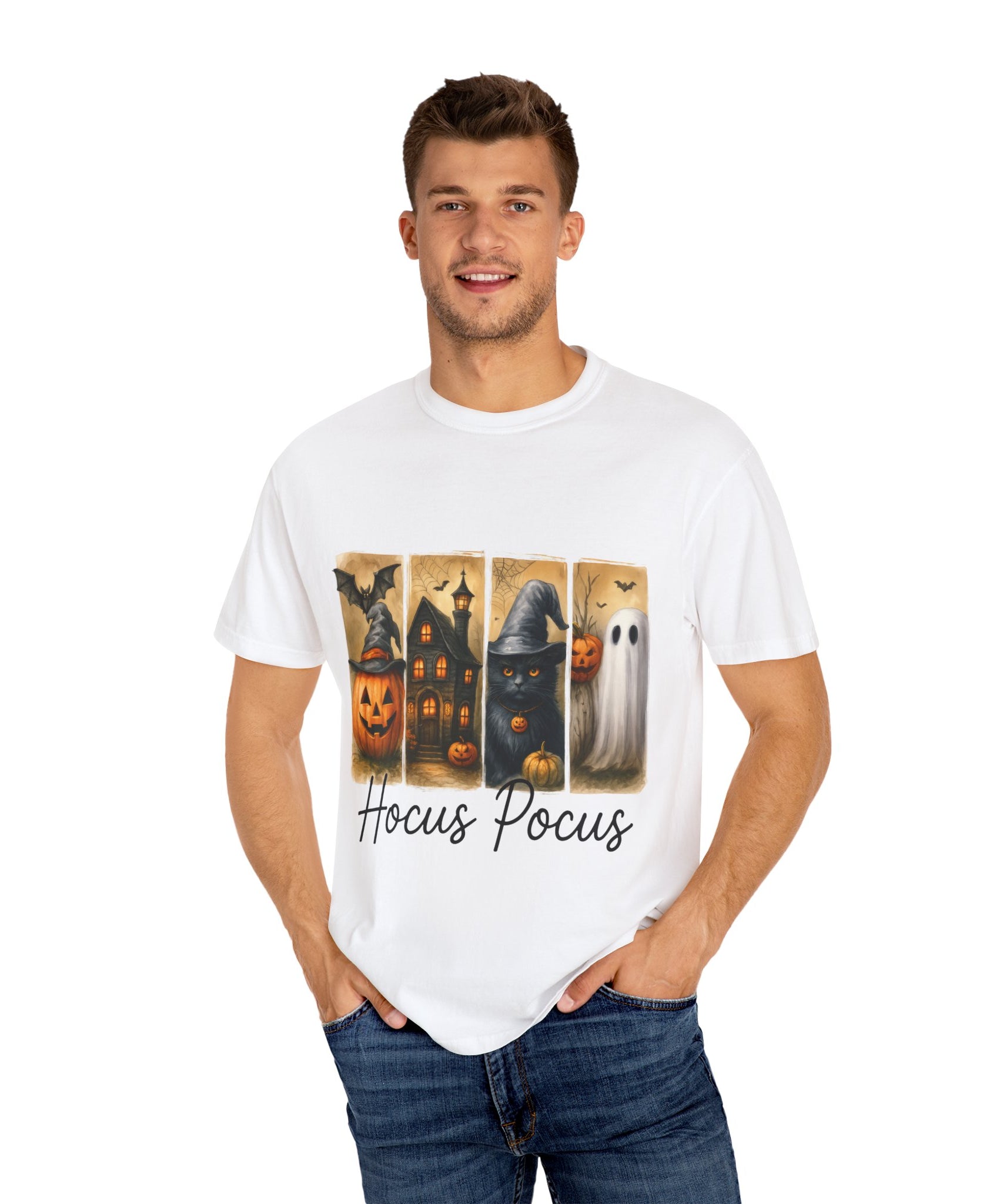 Hocus Pocus Halloween Unisex T-Shirt – Witchy Cat, Haunted House, Pumpkin & Ghost Art - Gallory Hive