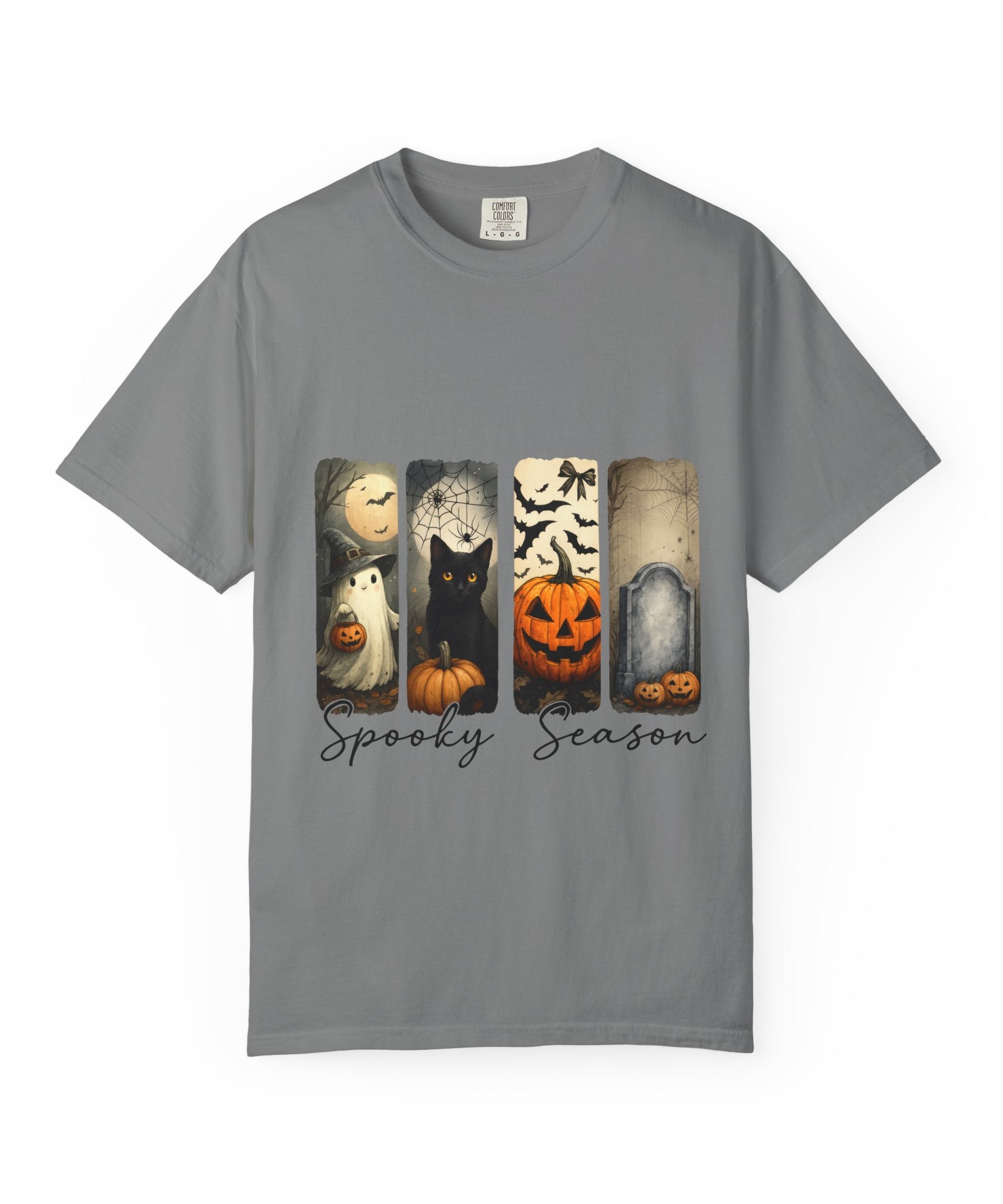 Halloween Night Unisex T-Shirt – Ghost, Black Cat, Pumpkin & Tombstone Vintage Art - Gallory Hive