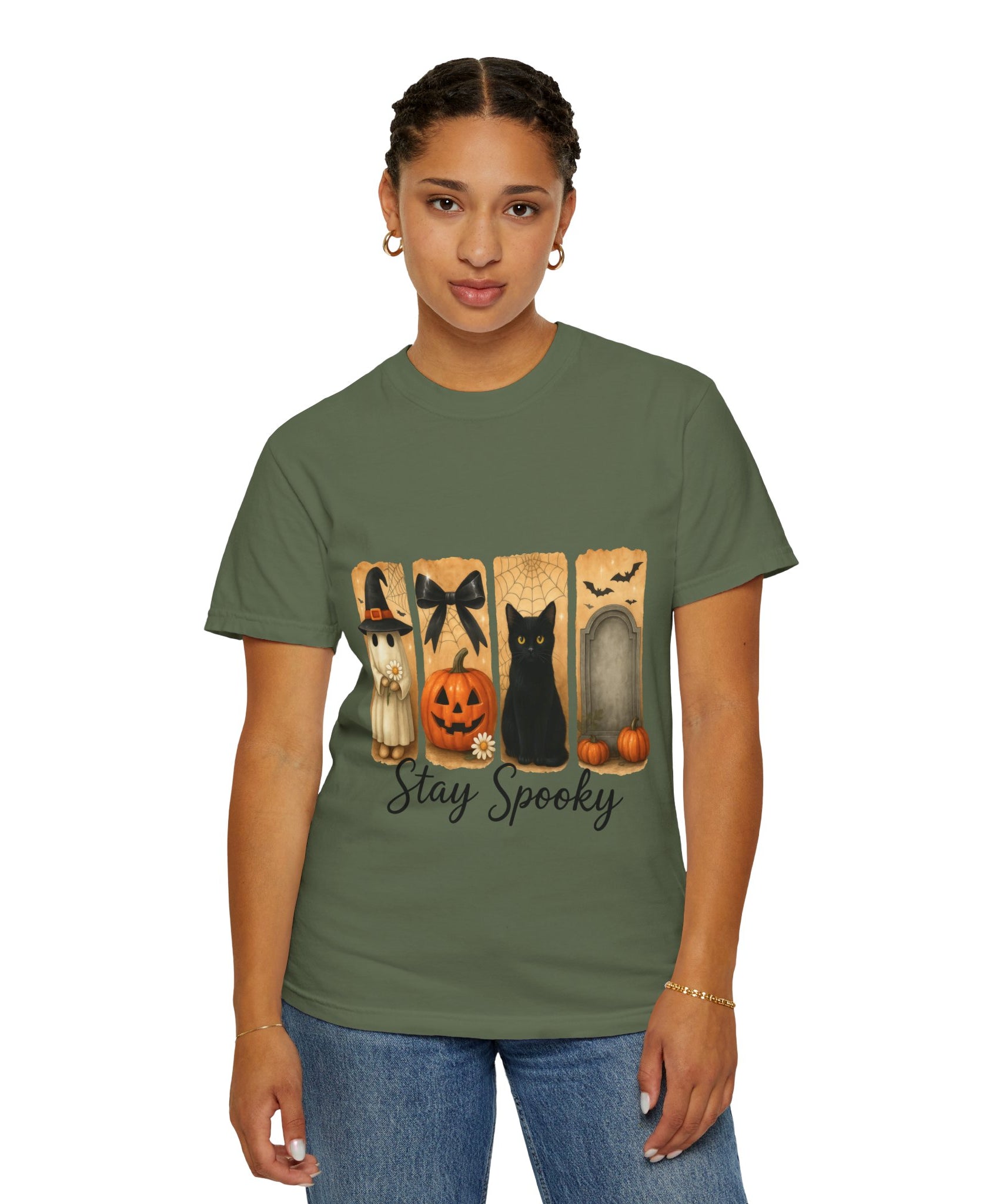 Cute Halloween T-Shirt – Ghost in Witch Hat, Pumpkin, Black Cat & Tombstone Design - Gallory Hive