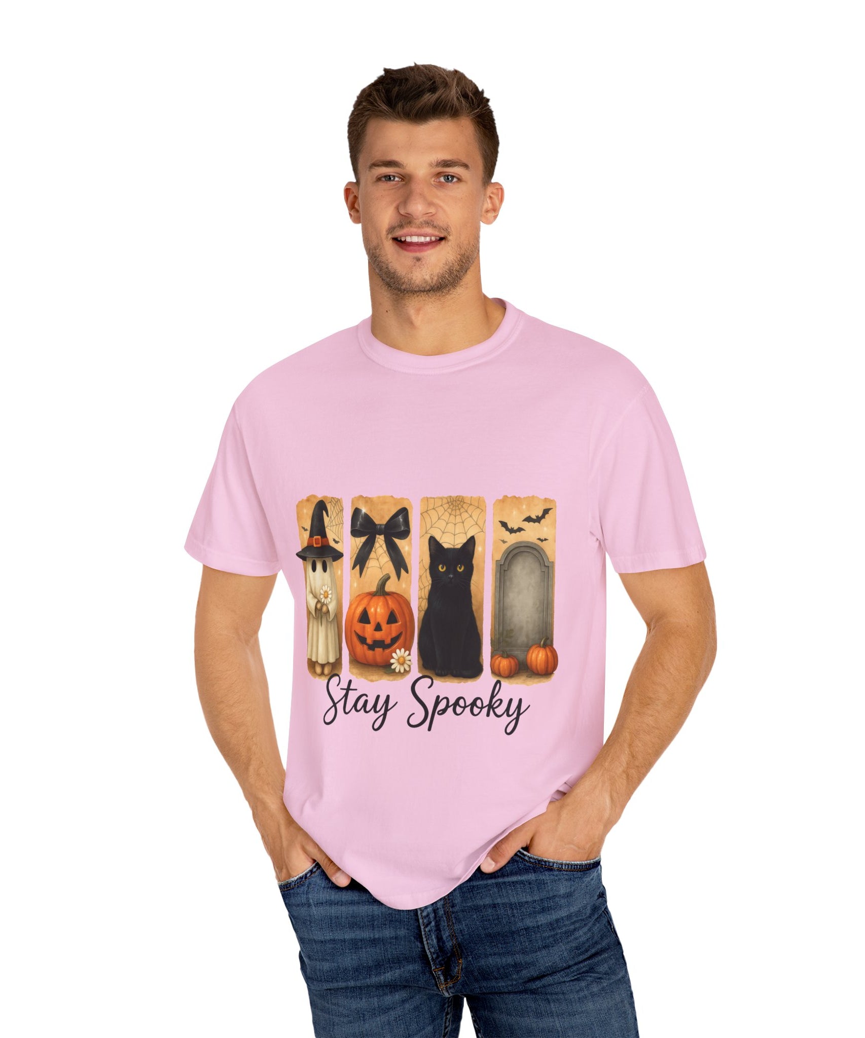 Cute Halloween T-Shirt – Ghost in Witch Hat, Pumpkin, Black Cat & Tombstone Design - Gallory Hive