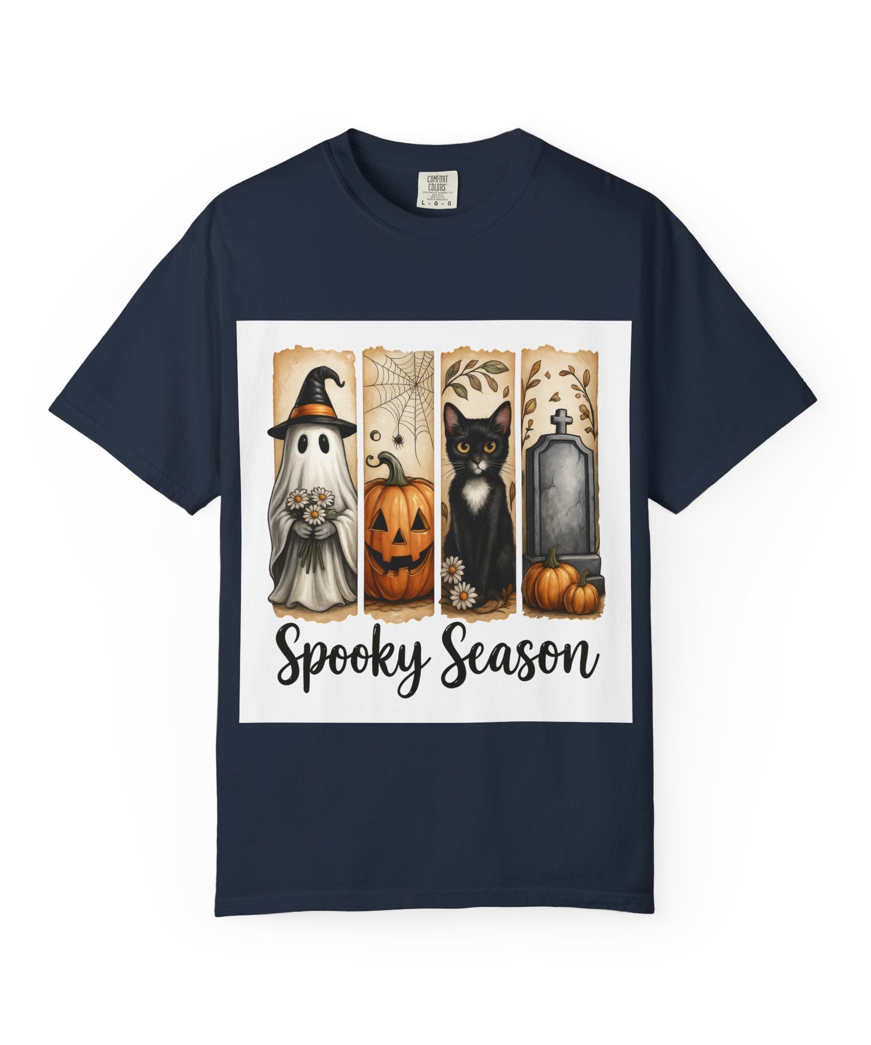 Spooky Season Halloween Unisex T-Shirt – Ghost, Cat & Pumpkin Design - Gallory Hive