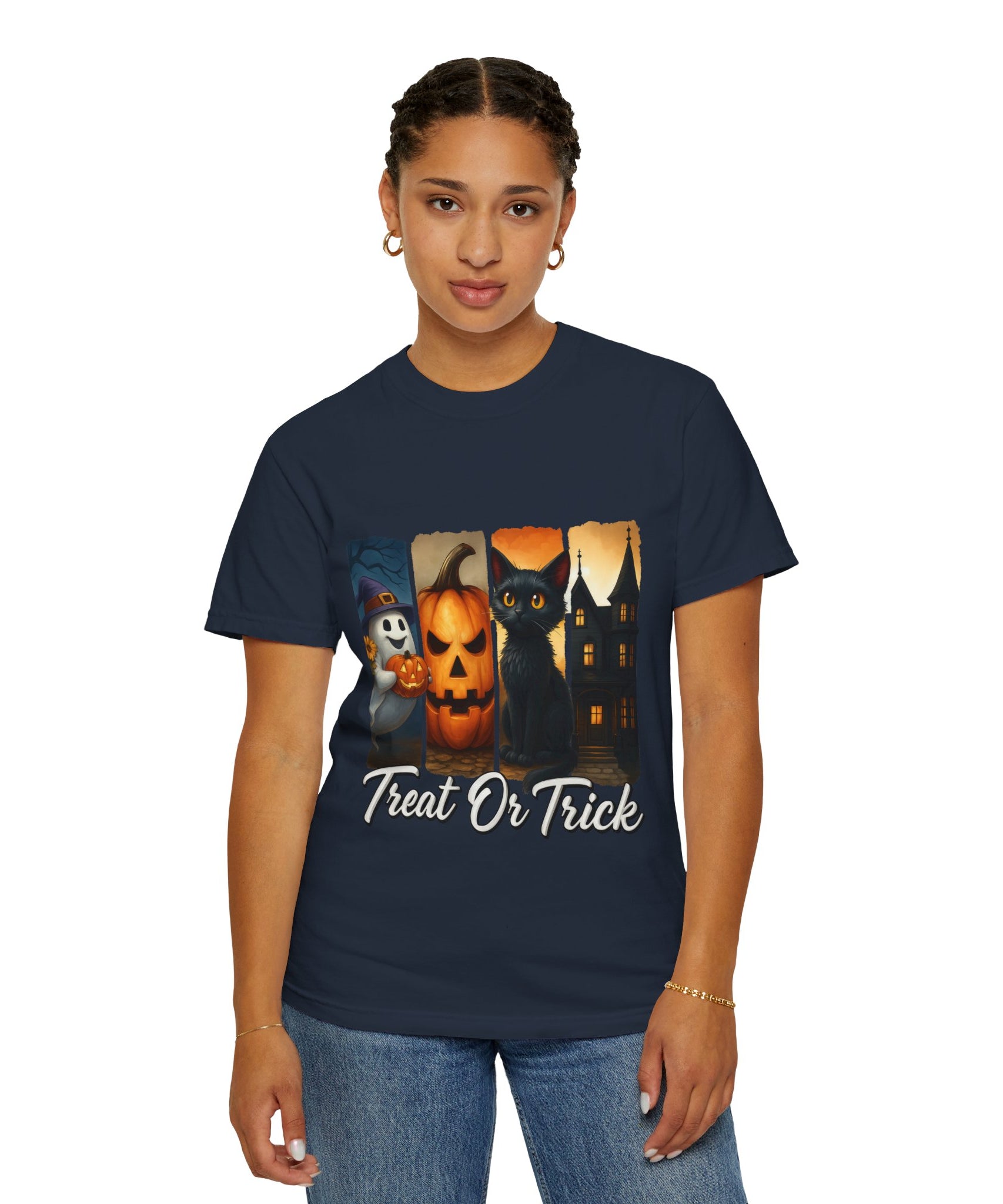 Treat Or Trick Halloween T-Shirt – Cute Ghost, Pumpkin, Black Cat & Haunted House Design - Gallory Hive