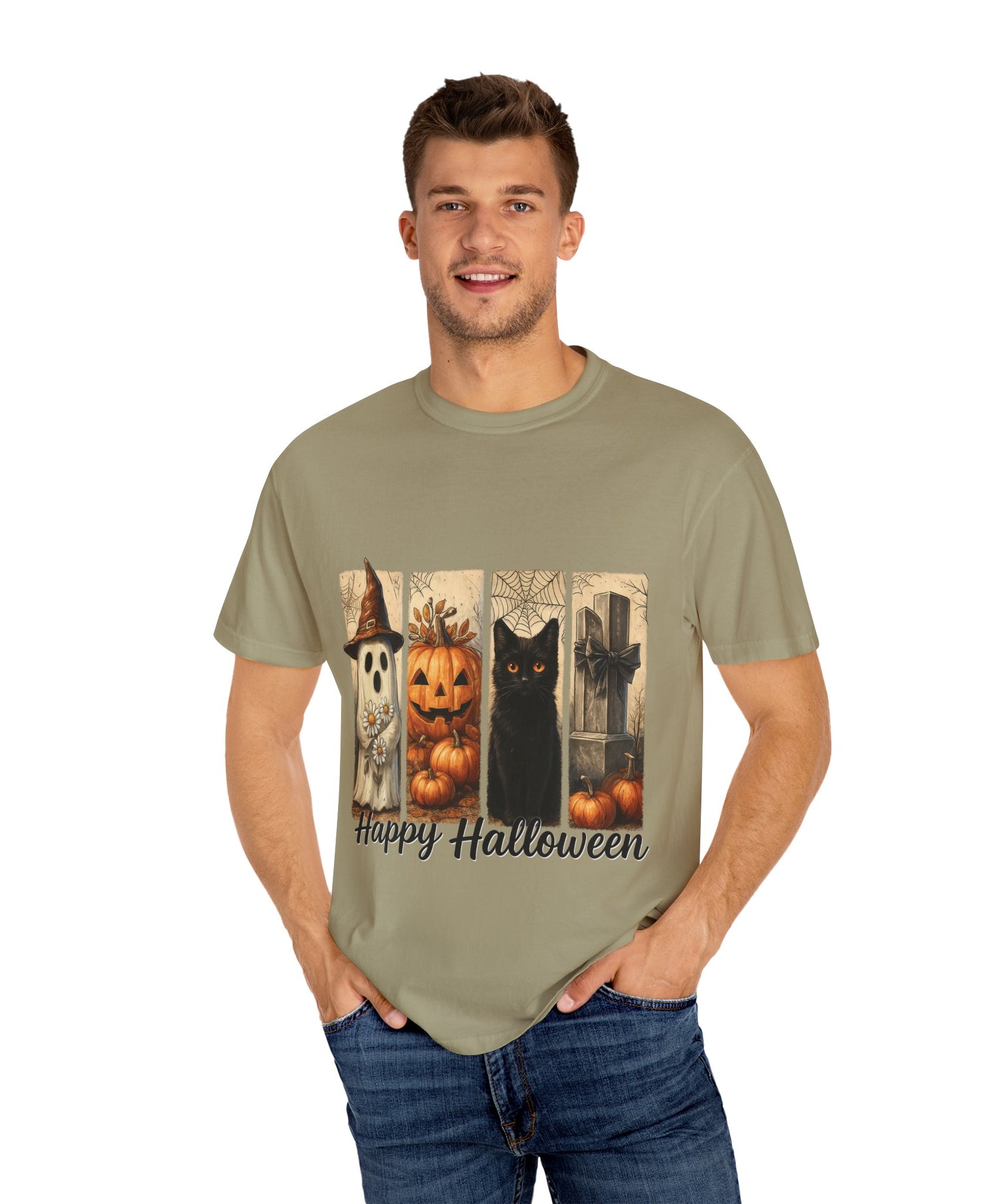 Happy Halloween Unisex T-Shirt – Ghost, Black Cat & Pumpkin Graphic Tee - Gallory Hive
