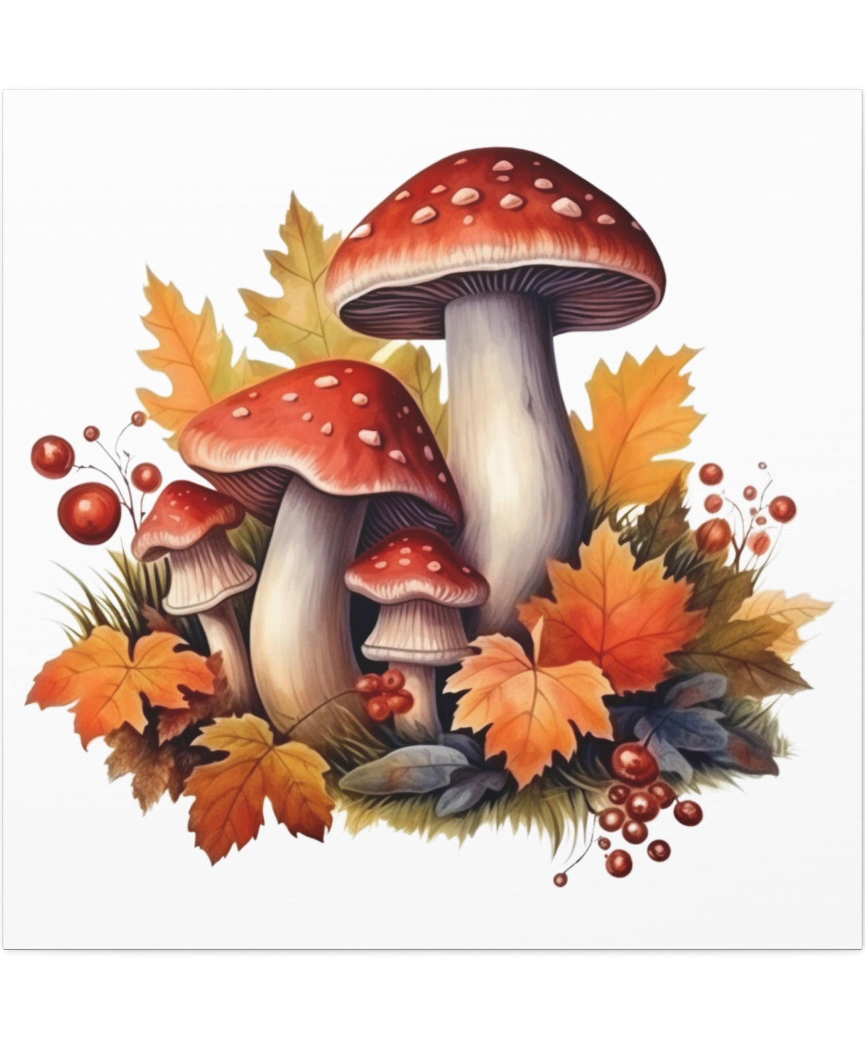 Crimson Grove – Autumn Mushrooms & Foliage Illustration on Floral Canvas Wall Art